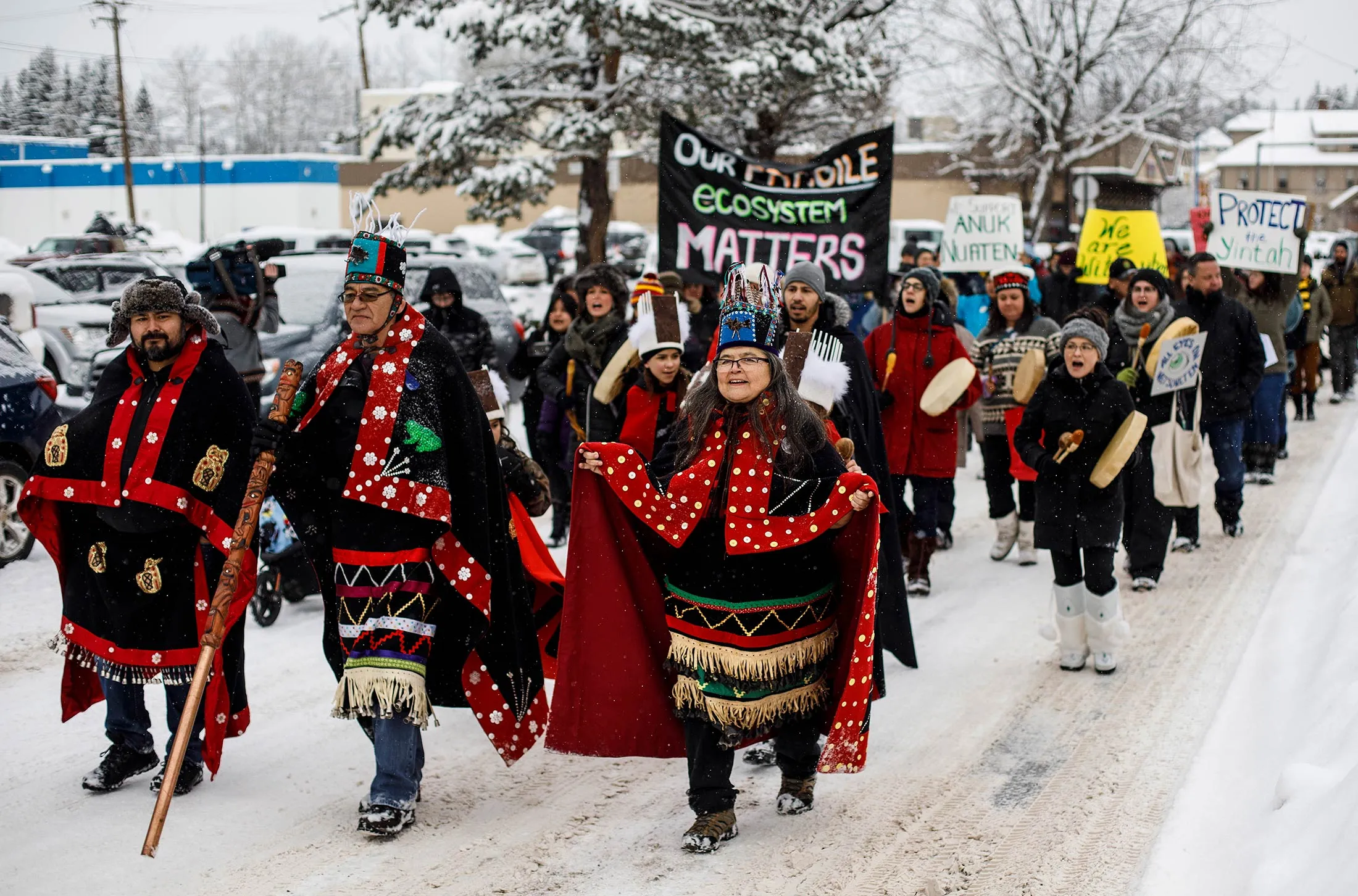 Wet’suwet’en Hereditary Chiefs (from left) Rob Alfred, John Ridsdale, and Antoinette Austin, who oppose the Coastal GasLink pipeline, take part in a rally in Smithers, British Columbia, on Jan. 10.
