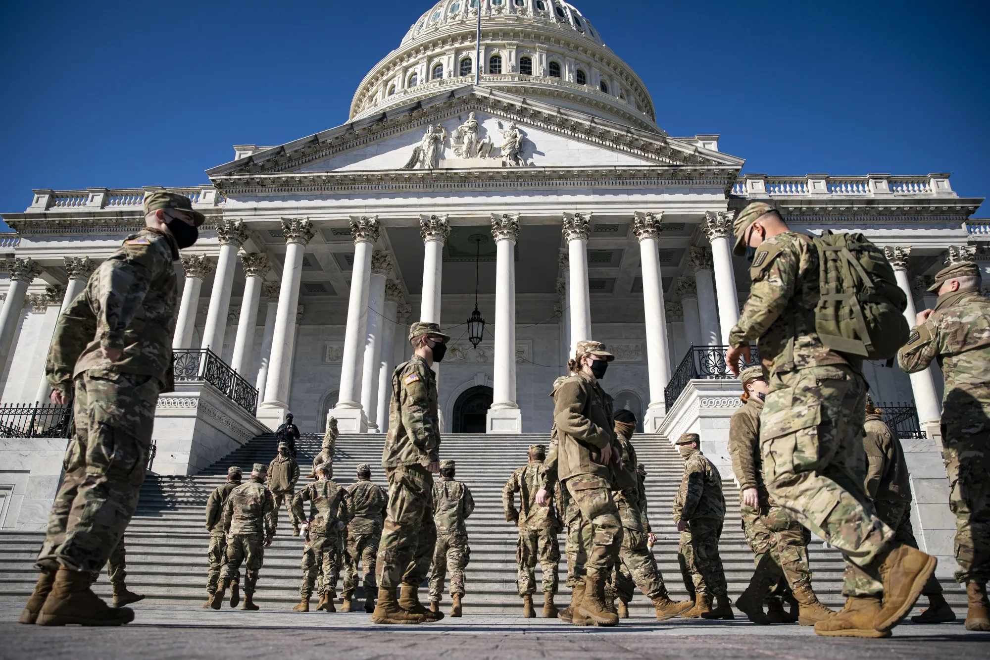 Members of the U.S. National Guard gather outside of the U.S. Capitol on Feb. 5.