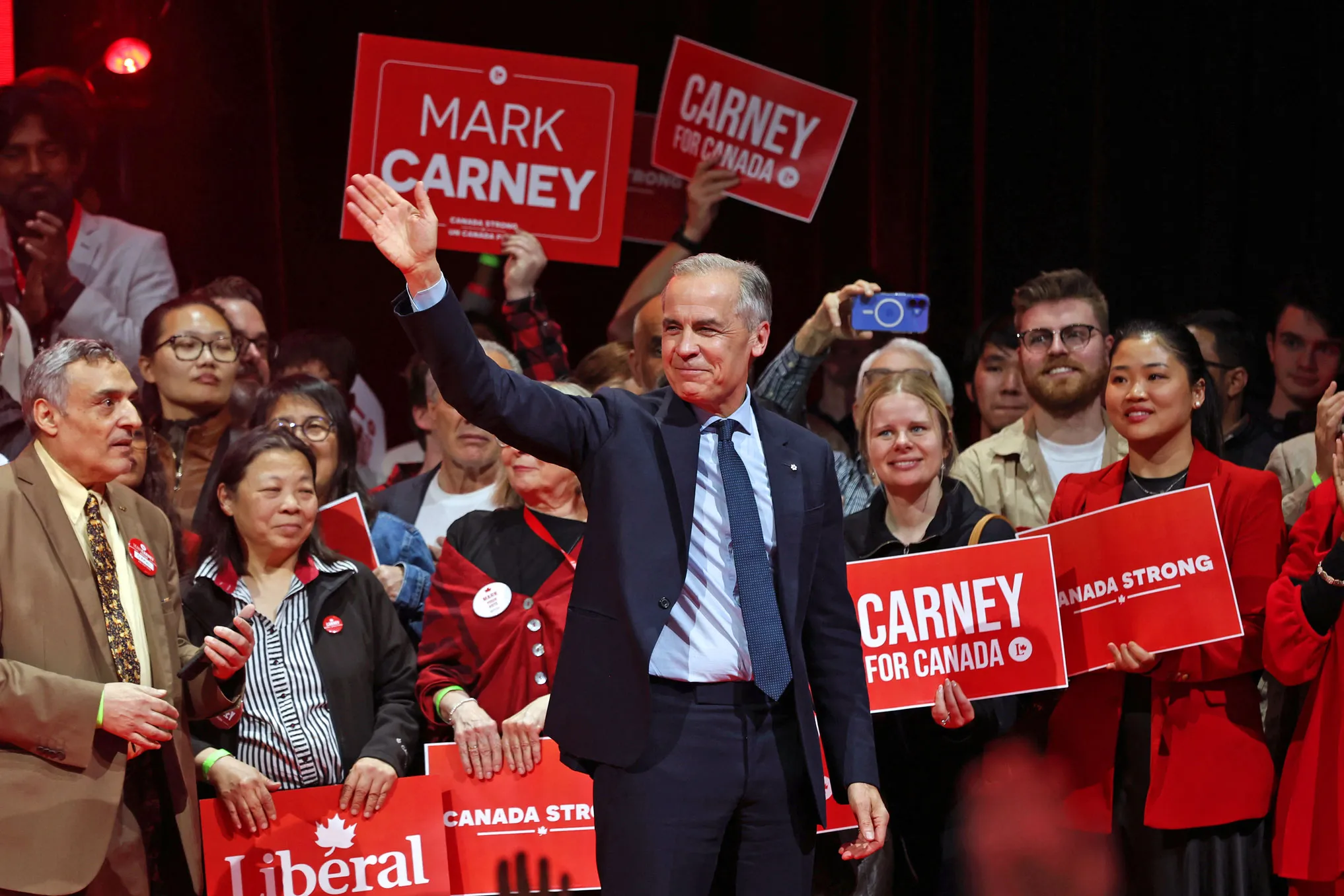 Mark Carney waves to supporters during a victory party in Ottawa, Canada, on April 29.