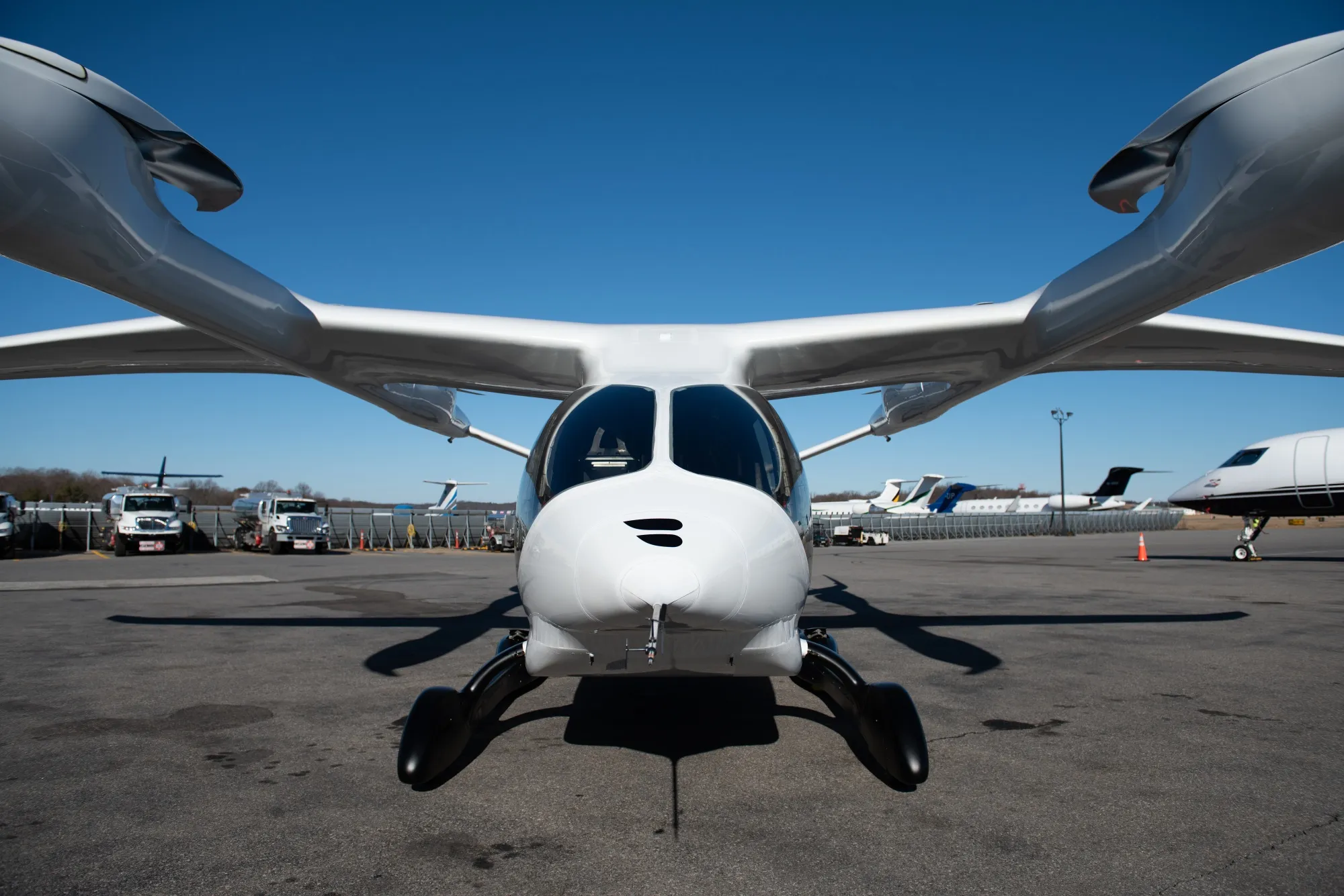 A &nbsp;Beta Technologies Inc. electric vertical take-off and landing&nbsp;aircraft at the Westchester County Airport&nbsp;in West Harrison, New York.