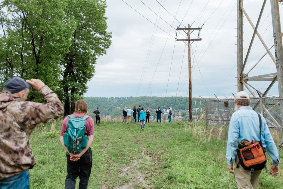 Conservation scientist Charles Bier (right) guides a walk through Hays Woods in May 2019.