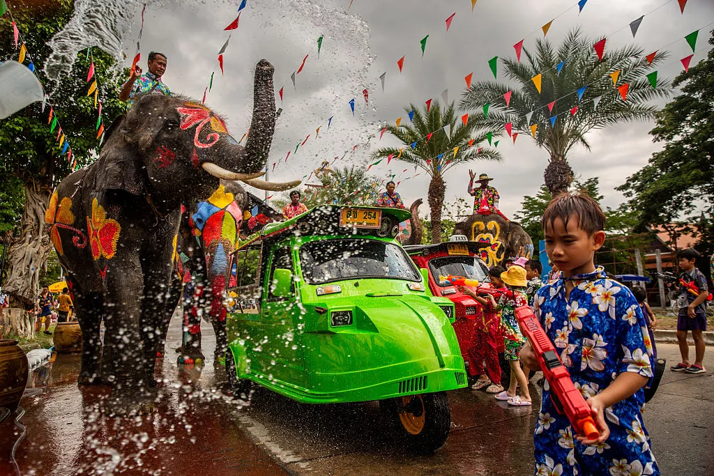 Elephants spray water on party goers during Songkran&nbsp;in Phra Nakhon si Ayutthaya, Thailand, last year.&nbsp;