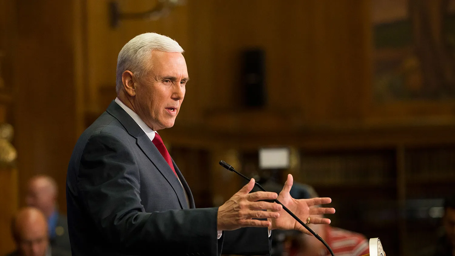 Governor Mike Pence holds a press conference March 31, 2015 at the Indiana State Library in Indianapolis, Indiana.
