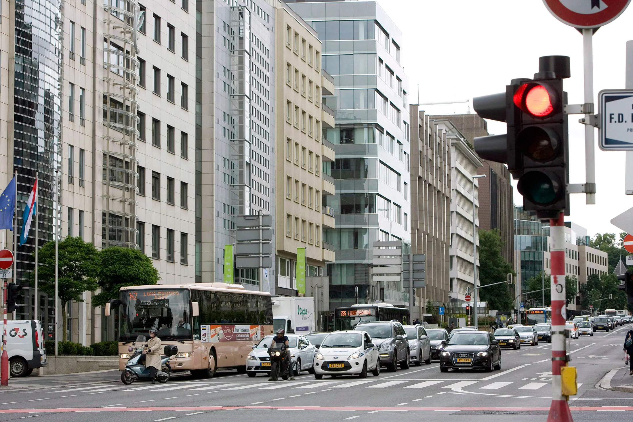 A street crossing in the finance district of Luxembourg-City.
