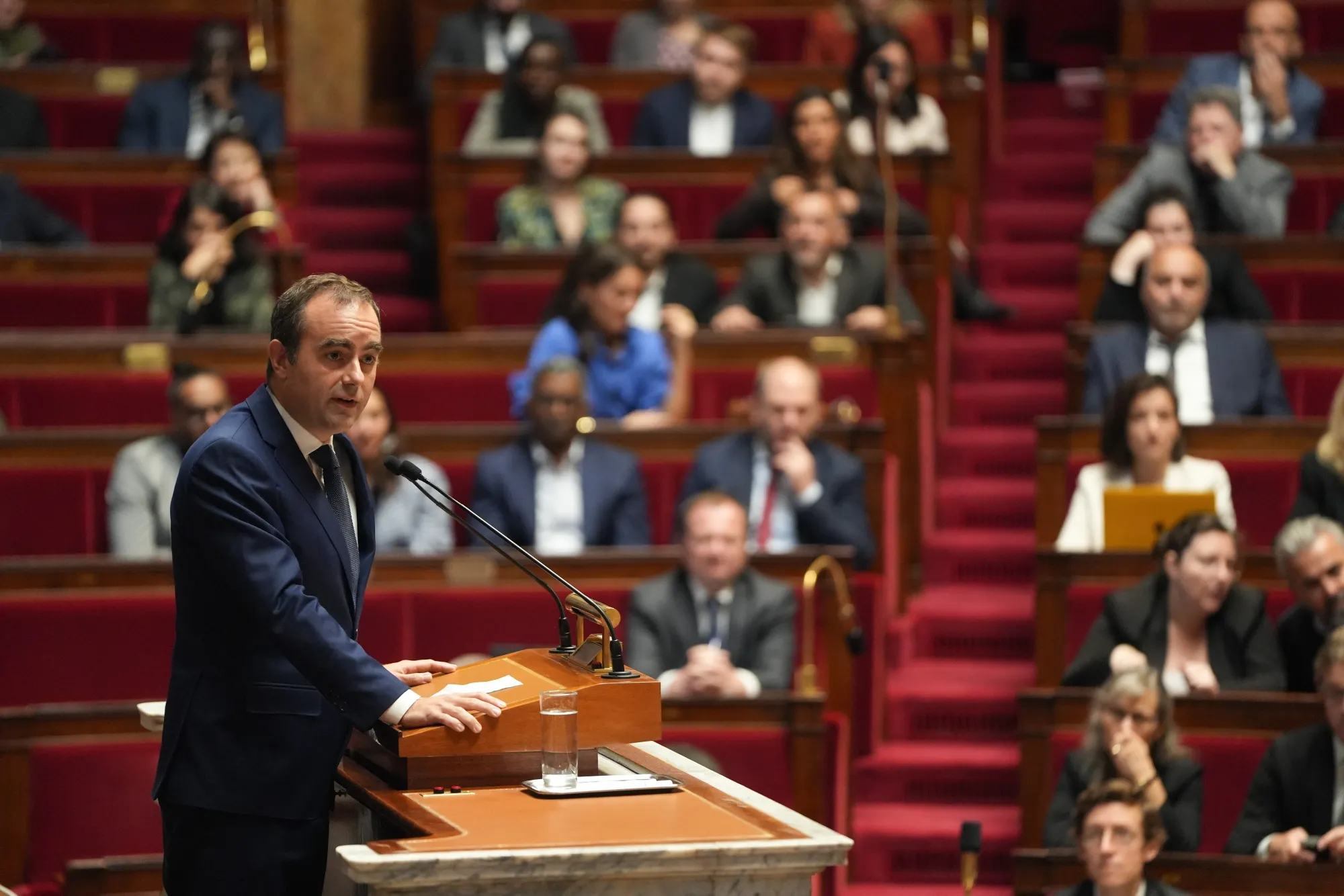 Sebastien Lecornu speaks ahead of a confidence vote at the National Assembly.