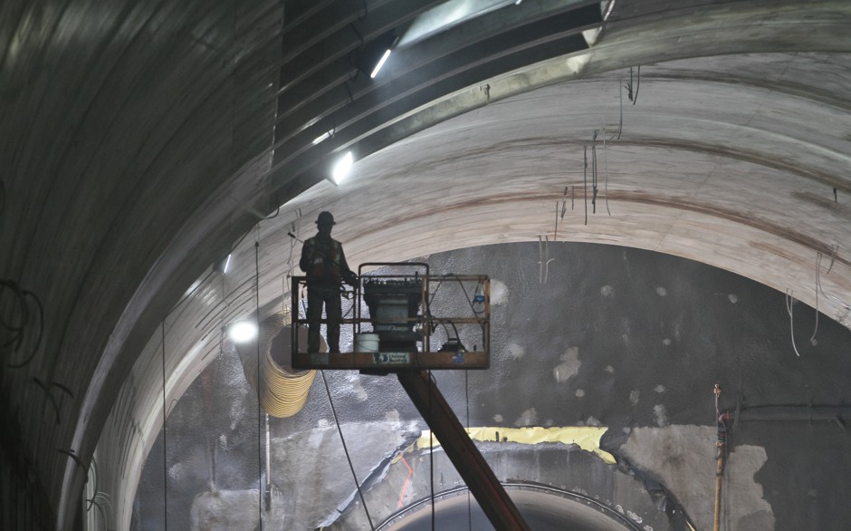 A construction worker inside the 86th Street cavern of the Second Avenue Subway tunnel in 2014