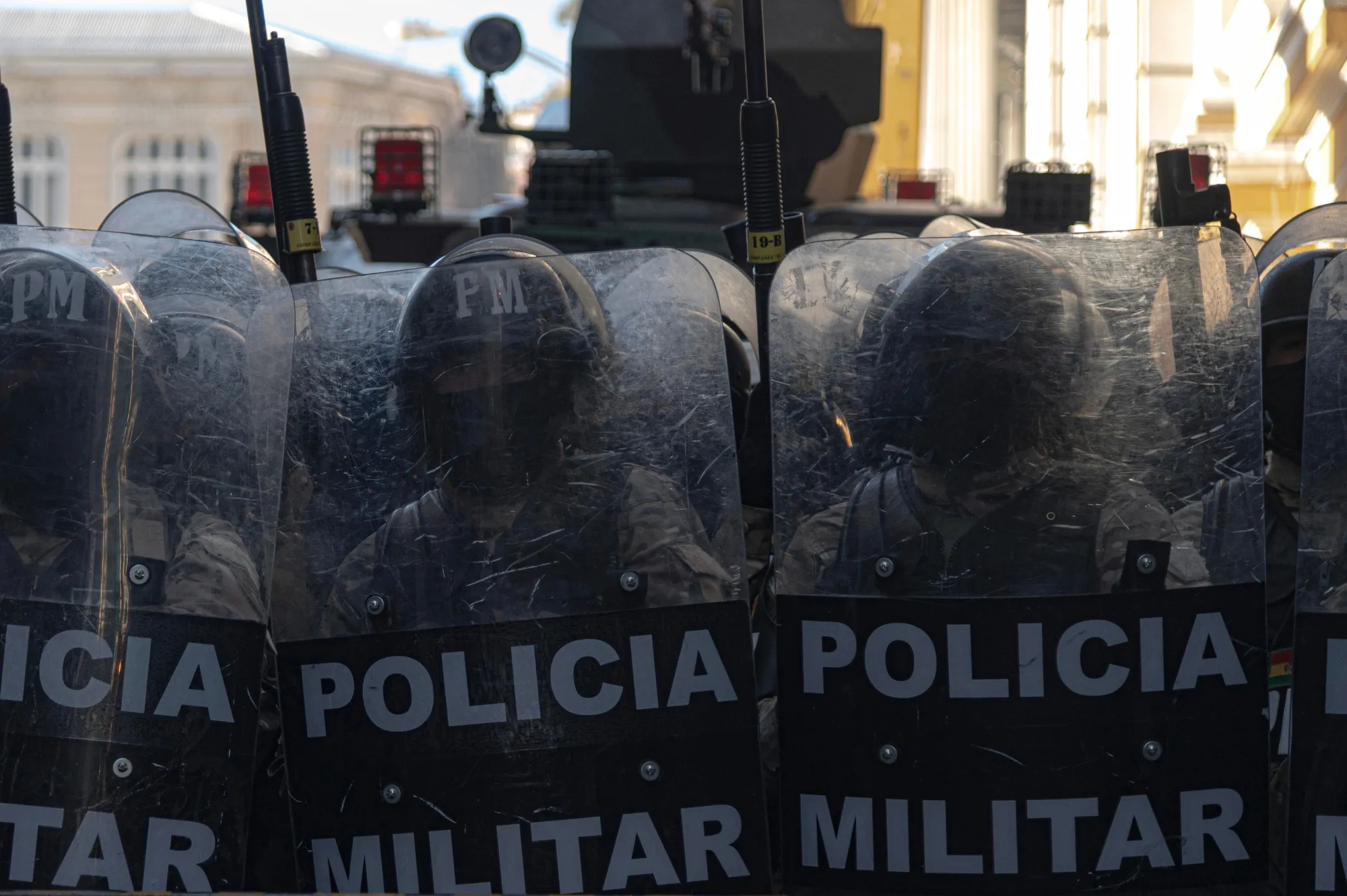 Members of the military deployed near Plaza Murillo, outside of Palacio Quemado in La Paz, Bolivia, on June 26.