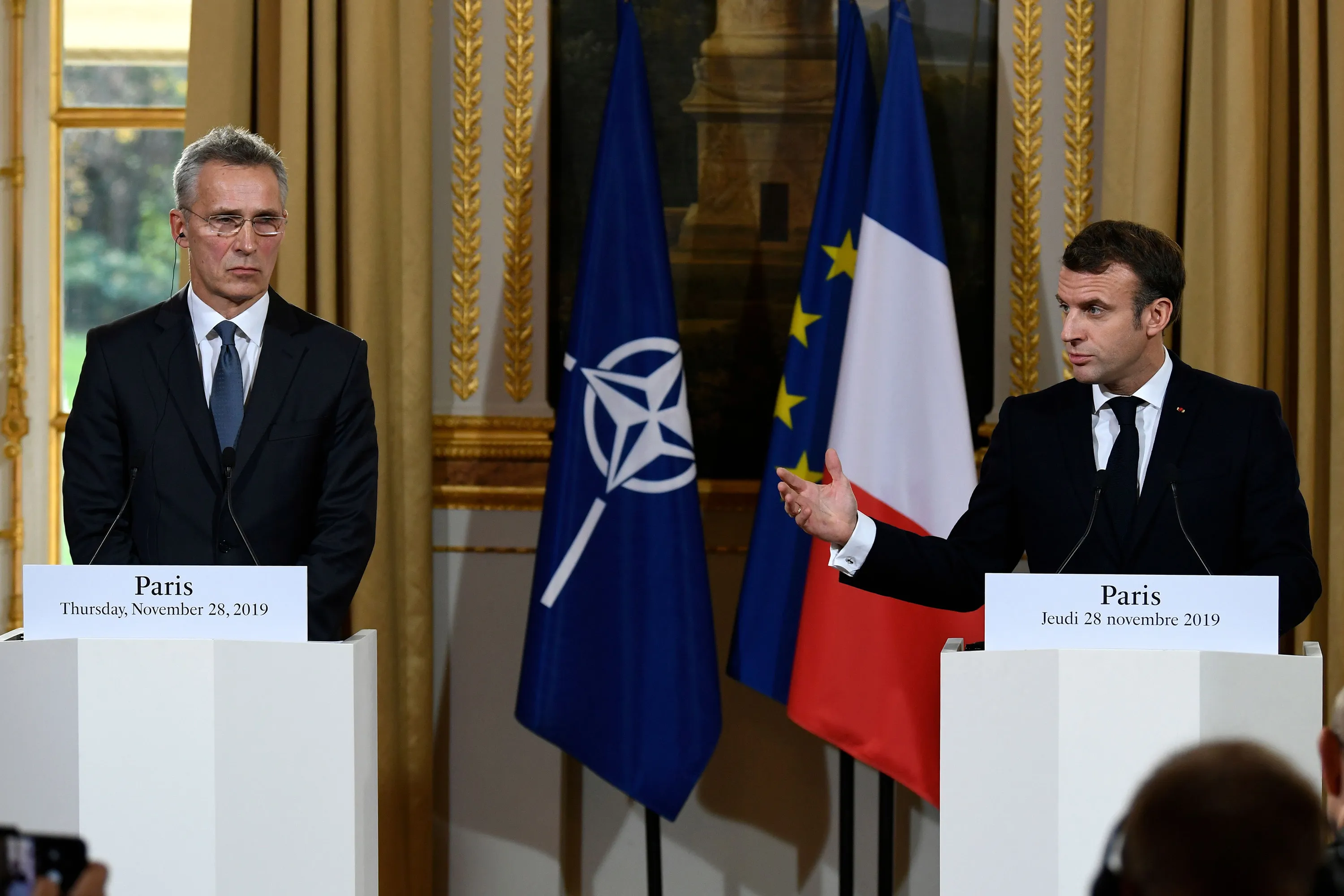 Emmanuel Macron and Jens Stoltenberg give a press conference&nbsp;at the Elysee palace in Paris on Nov. 28