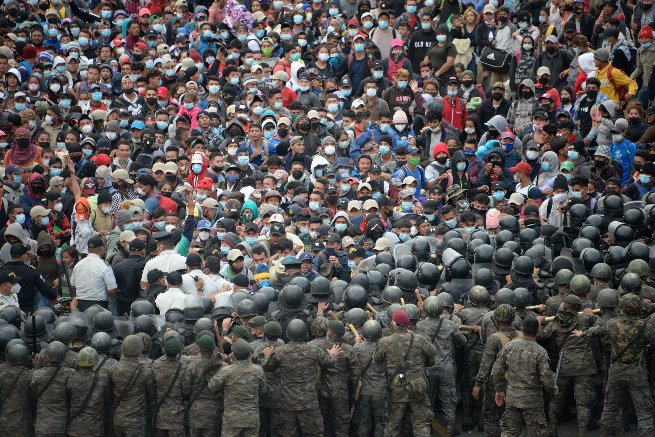 Honduran migrants clash with Guatemalan security forces in Vado Hondo, Guatemala on Jan. 17.