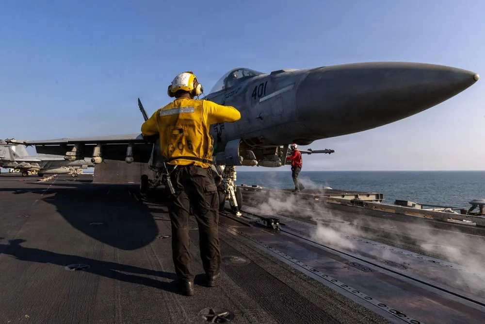 An F/A-18E Super Hornet prepares to launch from the USS Abraham Lincoln aircraft carrier on March 6.