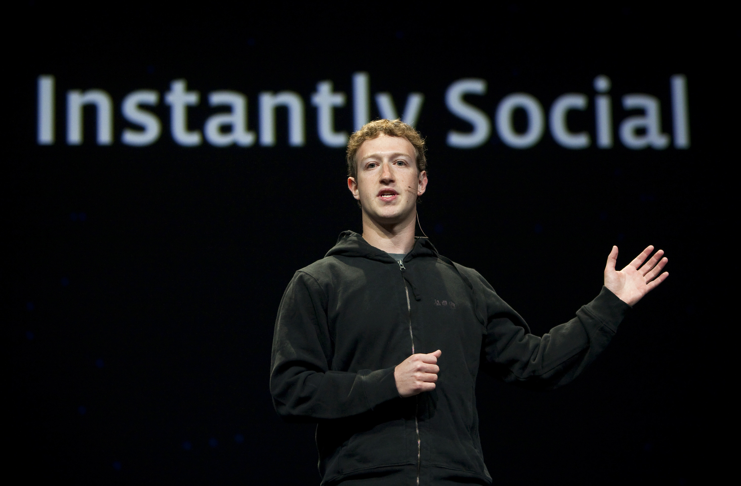 Mark Zuckerberg, chief executive officer and founder of Facebook, gives a keynote address at the F8 developer conference in San Francisco on April 21, 2010.
