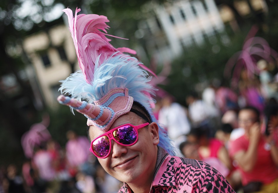 An attendee celebrates at the Pink Dot event in Hong Lim Park in June 2014.