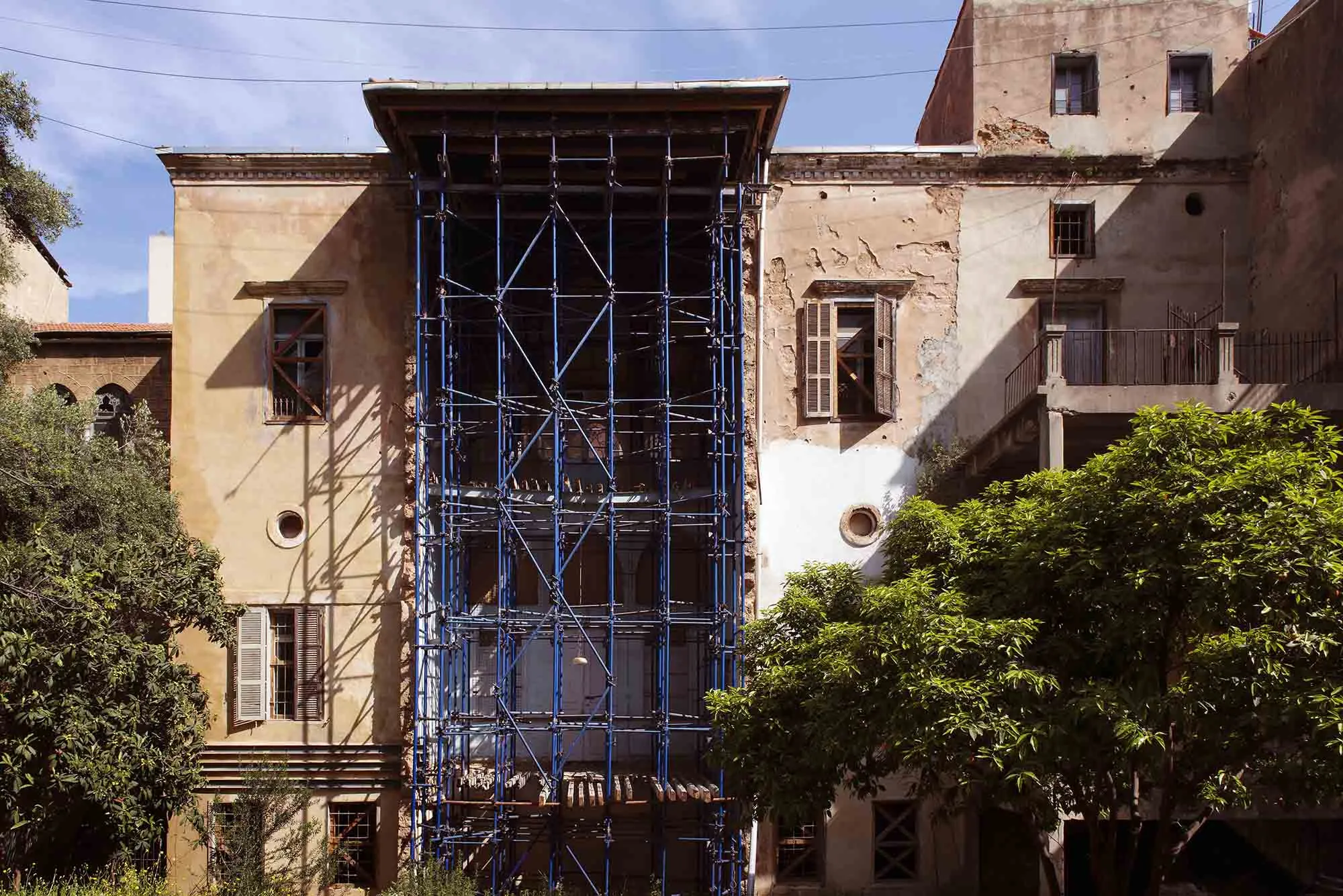 Scaffolding on the south facade of the Beit Kassar, a&nbsp;traditional 19th-century Lebanese house&nbsp;in Beirut, Lebanon.