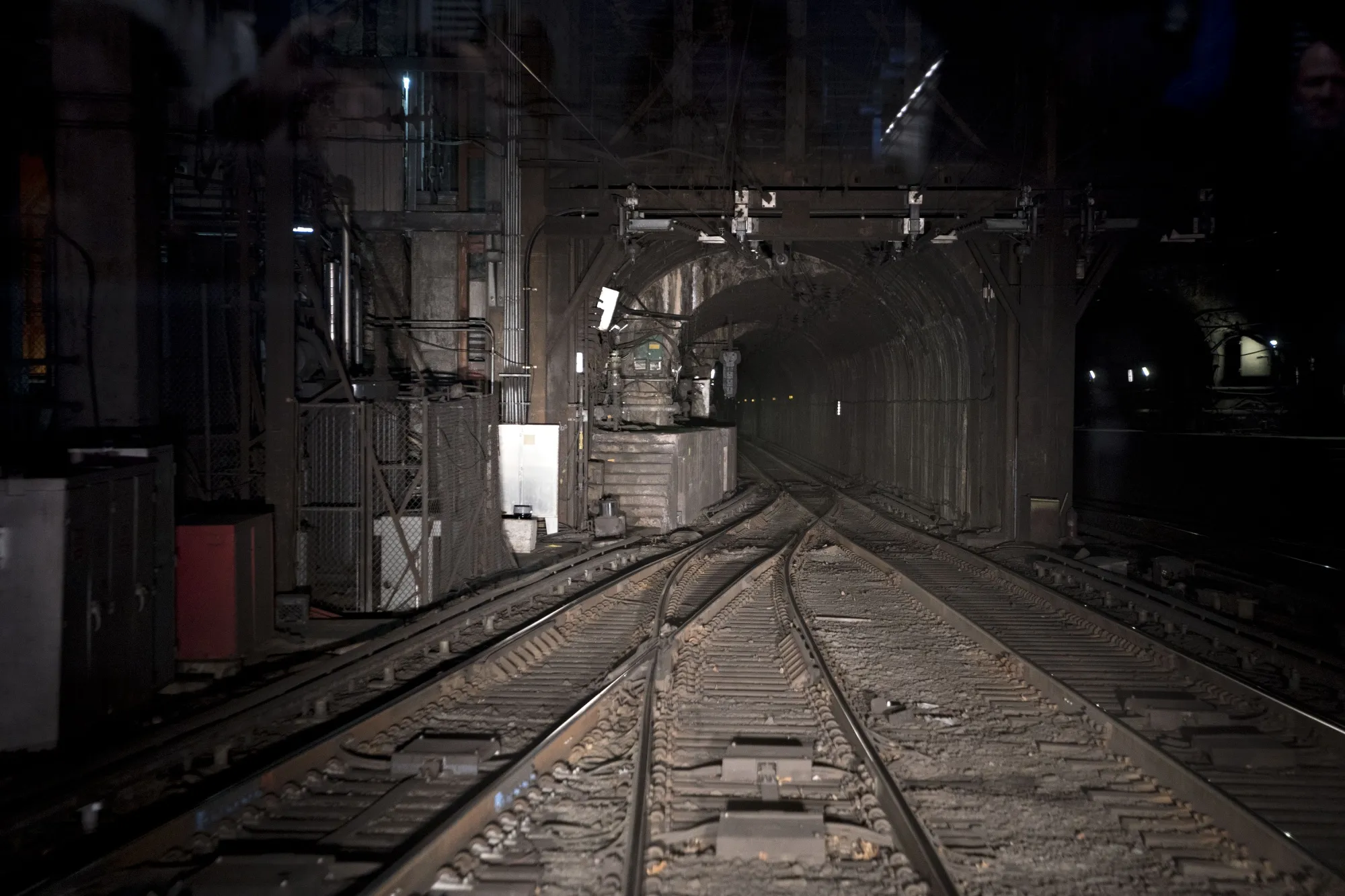 Train tracks run through the North River Tunnel on Amtrak’s northeast corridor line in New York.