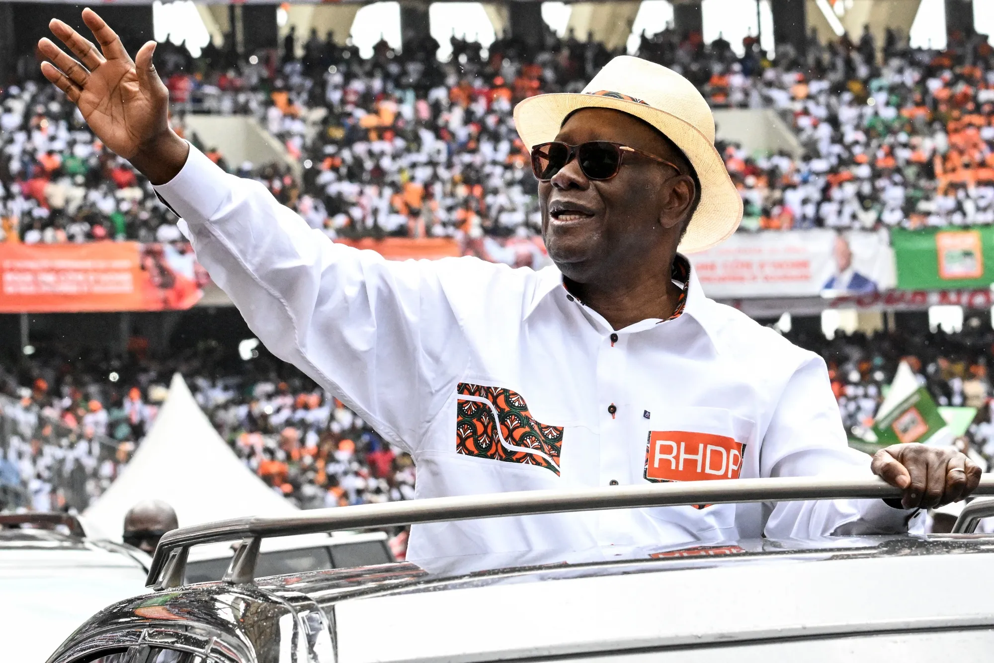 &nbsp;Ivory Coast President Alassane Ouattara&nbsp;arrives at the Ebimpe Olympic Stadium for a meeting&nbsp;in Abidjan on June 22.&nbsp;