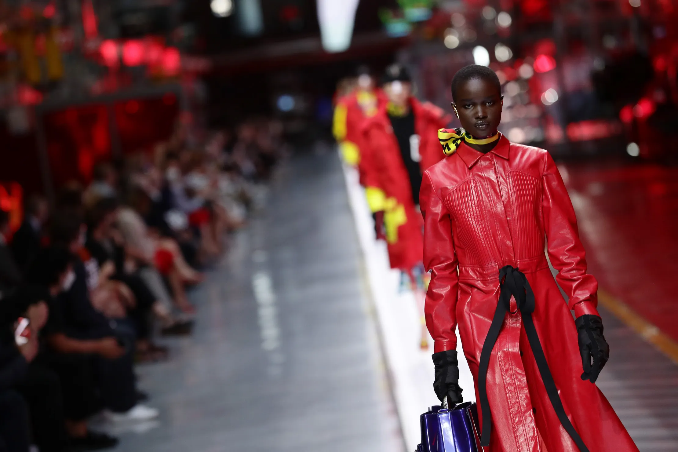 A model walks the runway on the Ferrari factory floor, on June 13&nbsp;in Maranello, Italy.&nbsp;