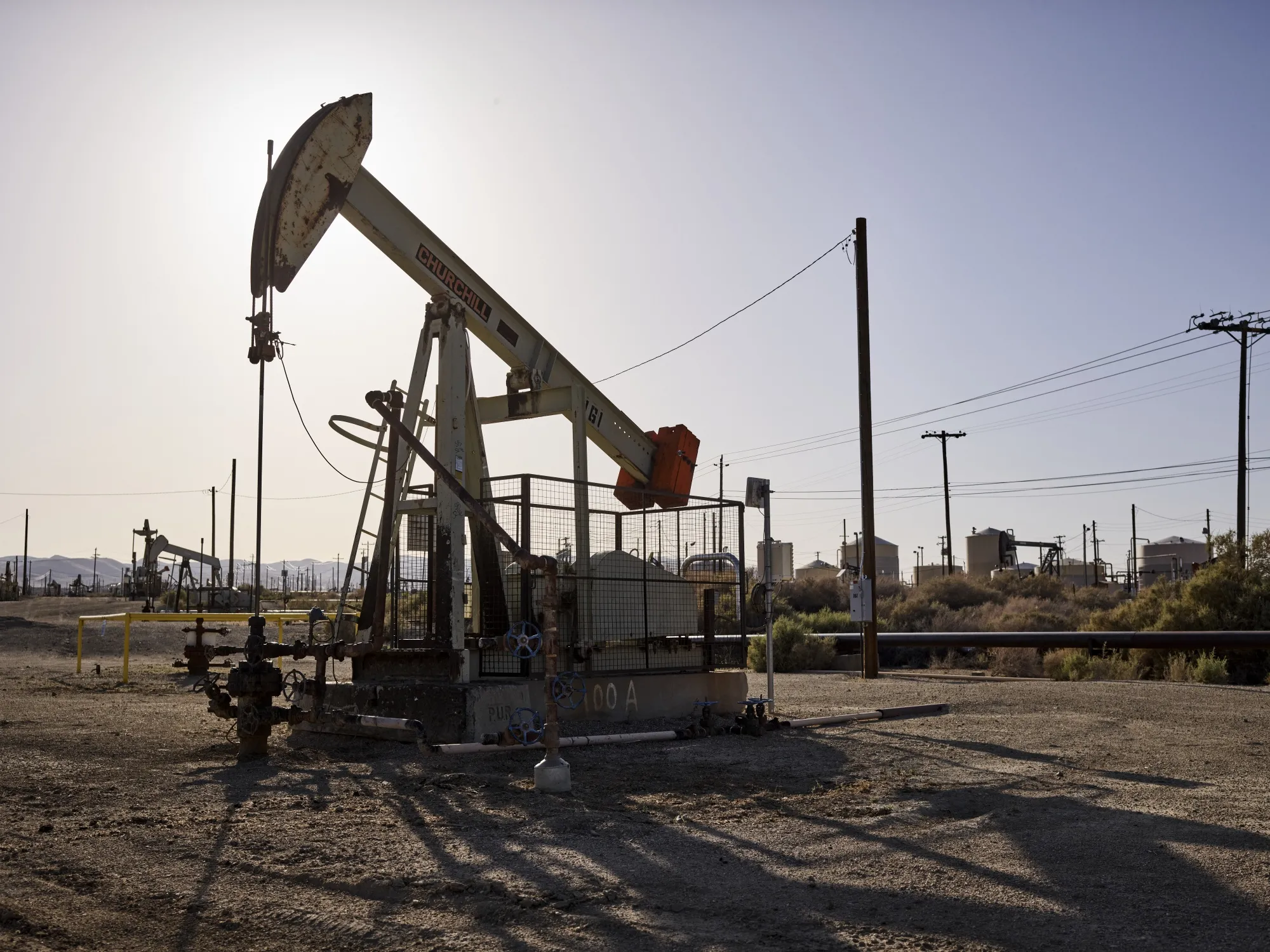 An oil pump jack at the Midway-Sunset Oil Field near Derby Acres, California.