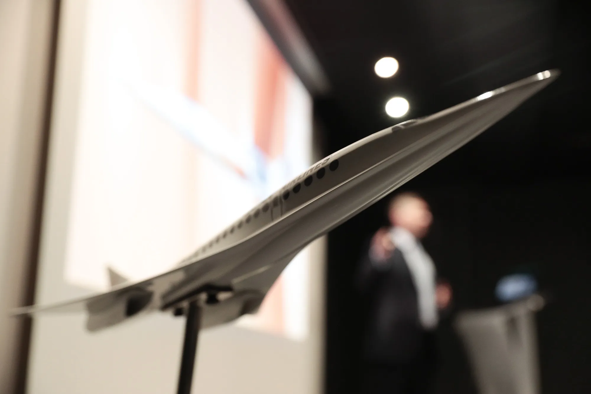 A model of a Boom Supersonic passenger jet.