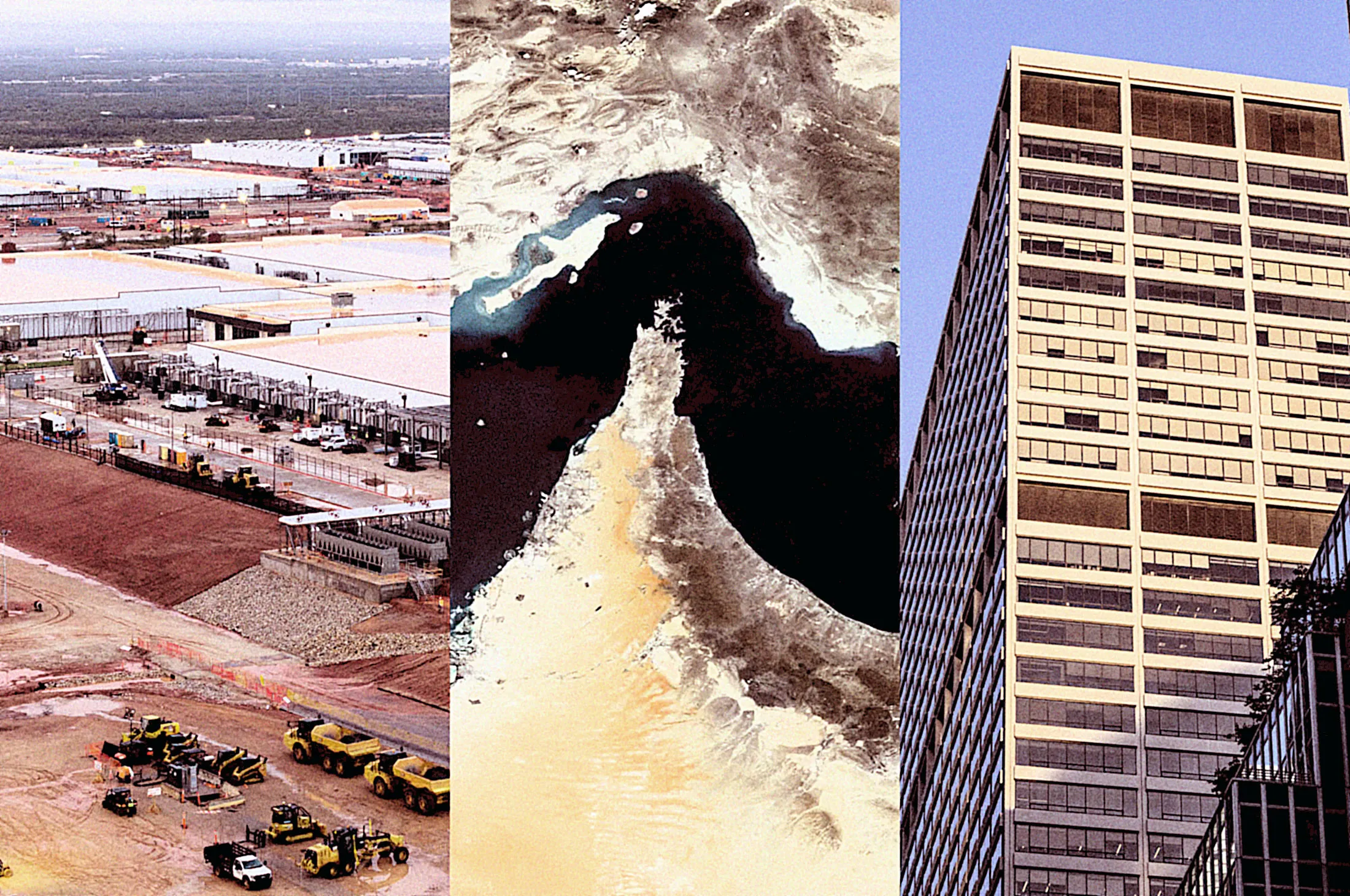 From left: A data center under construction; Strait of Hormuz; Blackstone Inc.’s&nbsp;headquarters