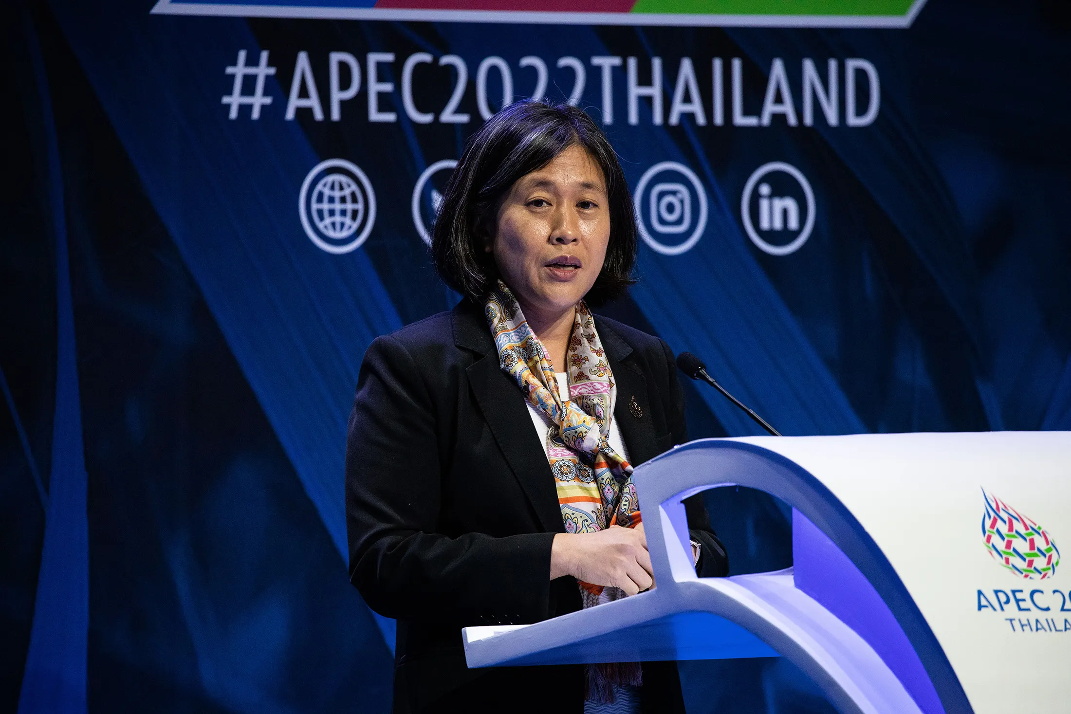 Katherine Tai speaks at a press conference during APEC2022 in Bangkok, Thailand, on Nov.&nbsp;17, 2022.