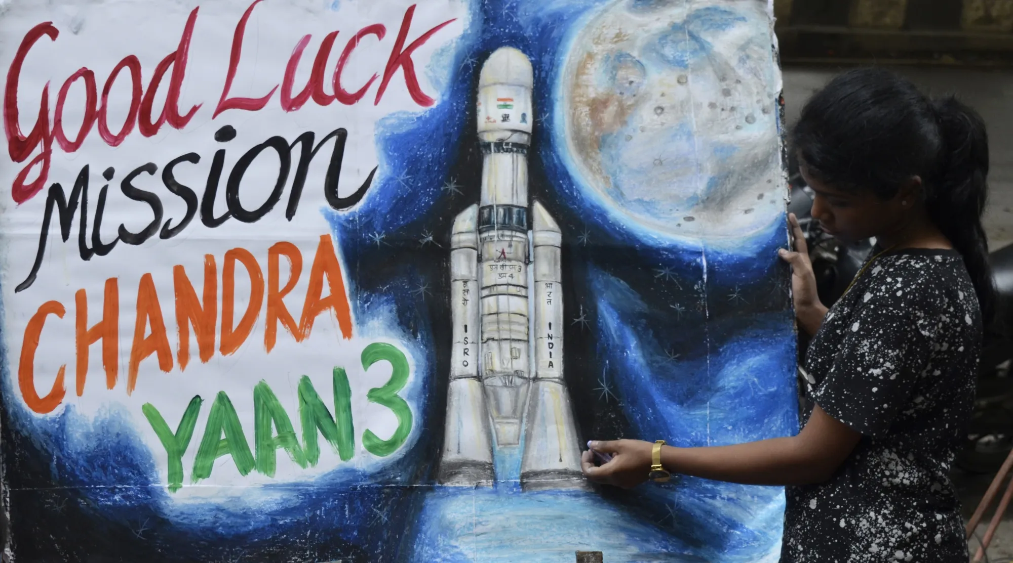 A painting for the upcoming Chandrayaan-3 mission in Mumbai on 13 July.