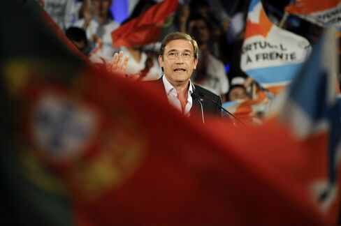 Pedro Passos Coelho delivers a speech during a political rally ahead of the election in Braga.