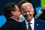 Presidents Jair Bolsonaro and&nbsp;Joe Biden speak after&nbsp;a family photo during the 9th Summit of the Americas in Los Angeles, California, on June 10.
