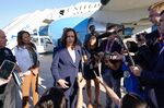Vice President Kamala Harris speaks to members of the media as she arrives at the El Paso International Airport on June 25.