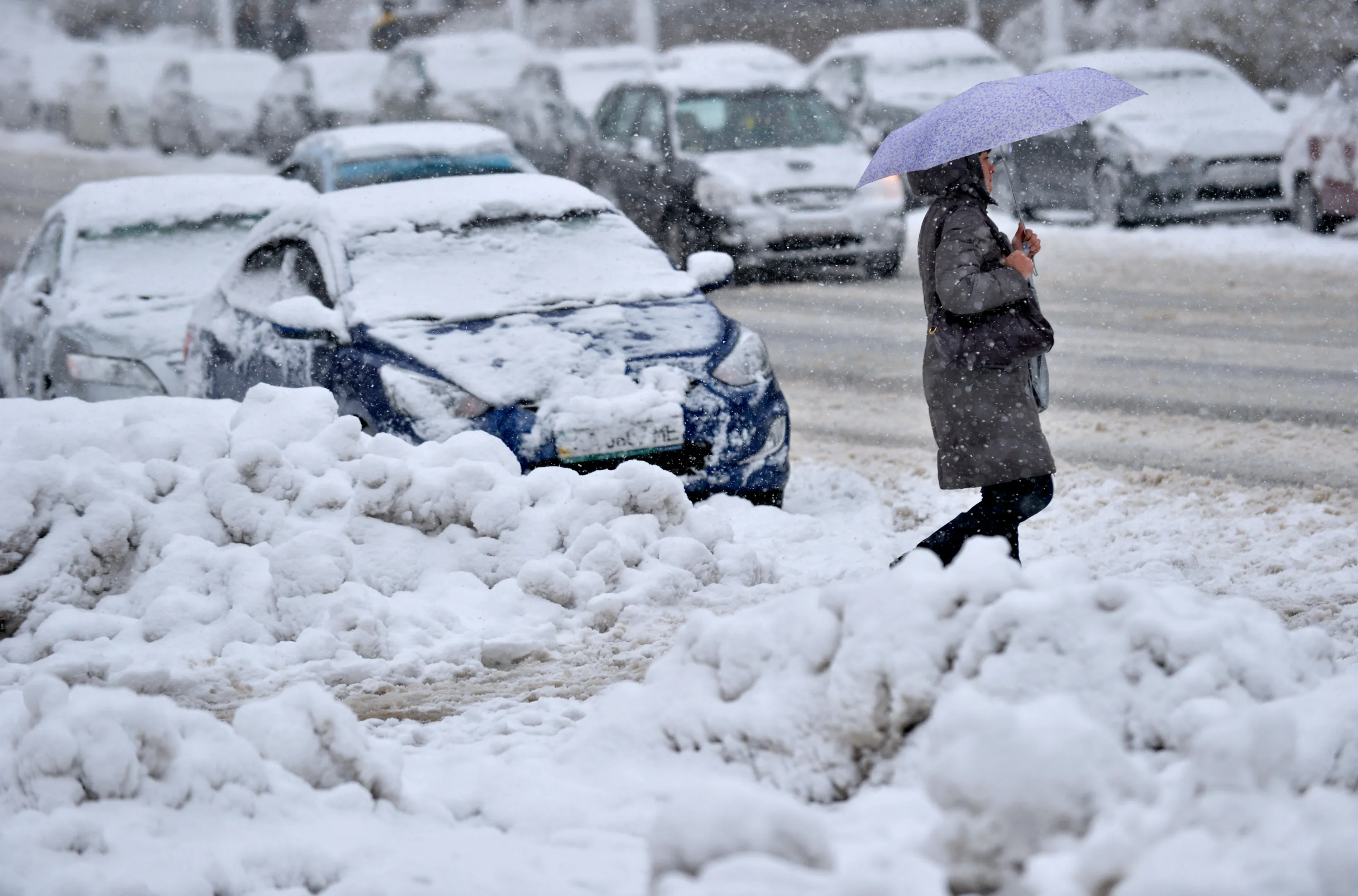 Cars on a snowy Ukrainian street