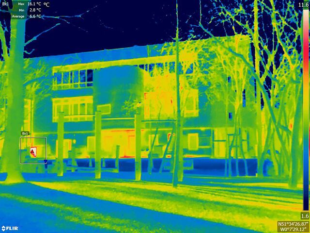 Ashmount Primary School in Crouch End is possibly the most energy-efficient building in this series. On a school day in March, the building appears almost perfectly isolated, with heat coming out only from an air handling unit on the ground floor. The building is covered in timber cladding, a material favored by green architects for its isolating properties, and is heated sustainably through a bio mass boiler.