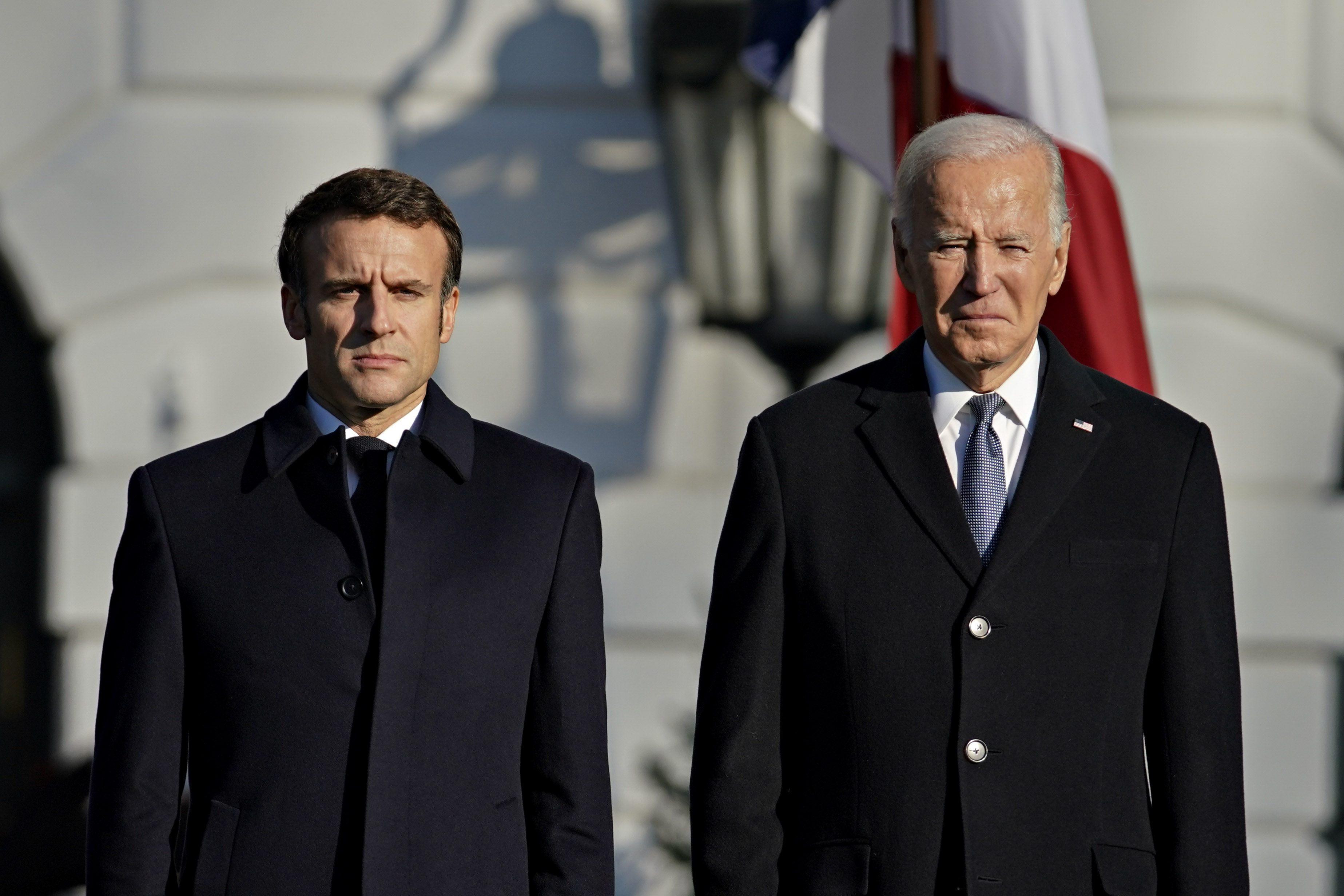 US President Joe Biden, right, and Emmanuel Macron, France's president, at&nbsp;the White House&nbsp;on&nbsp;Dec. 1, 2022.