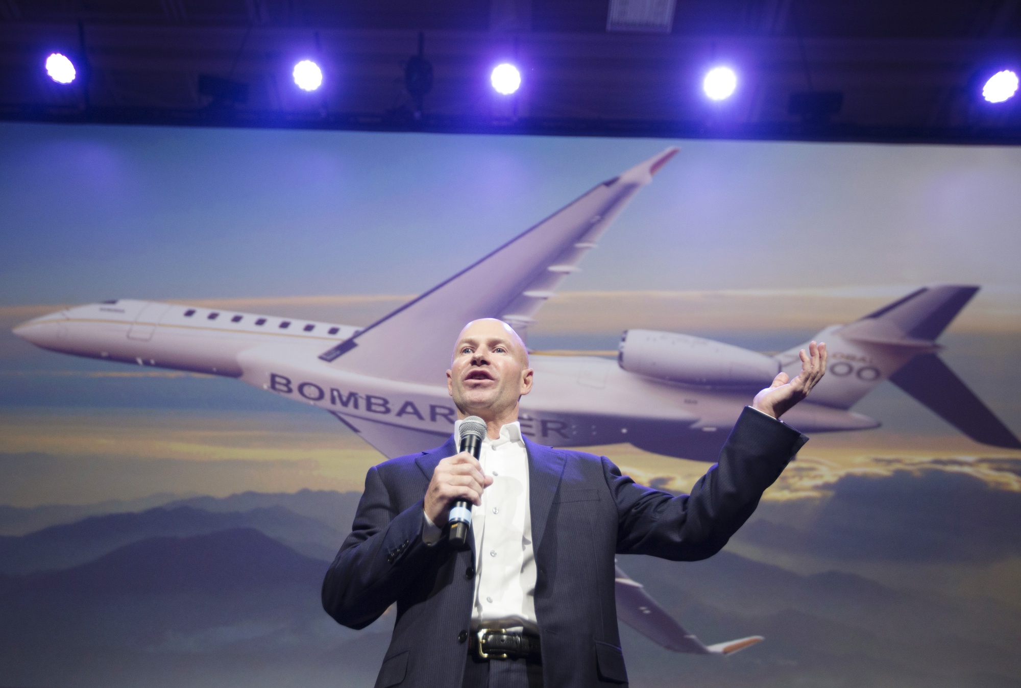 Alain Bellemare, president and chief executive officer of Bombardier Inc., speaks during a Global 7500 luxury jet launch event in Montreal.