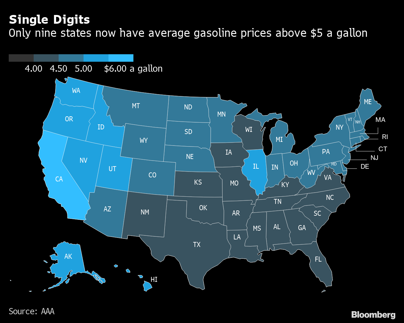Only Nine US States Have Average Gasoline Prices Above 5 Map Bloomberg