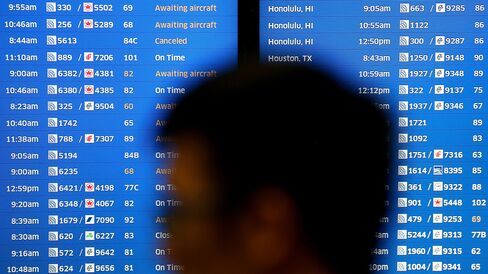 United flights listed on a board at San Francisco International Airport on July 8.