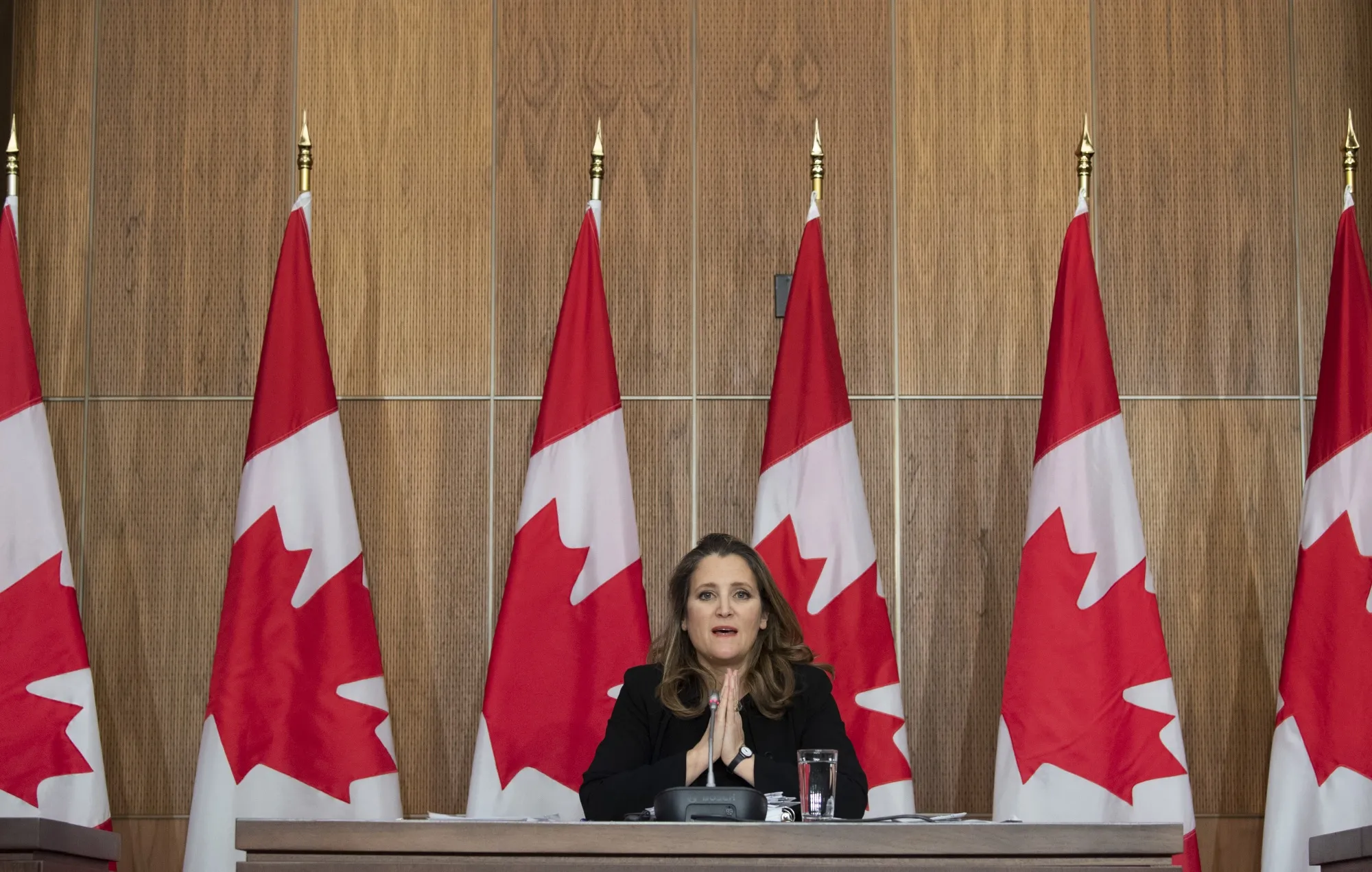 Chrystia Freeland speaks at an Ottawa news conference on Nov. 30 before presenting a fiscal update.&nbsp;