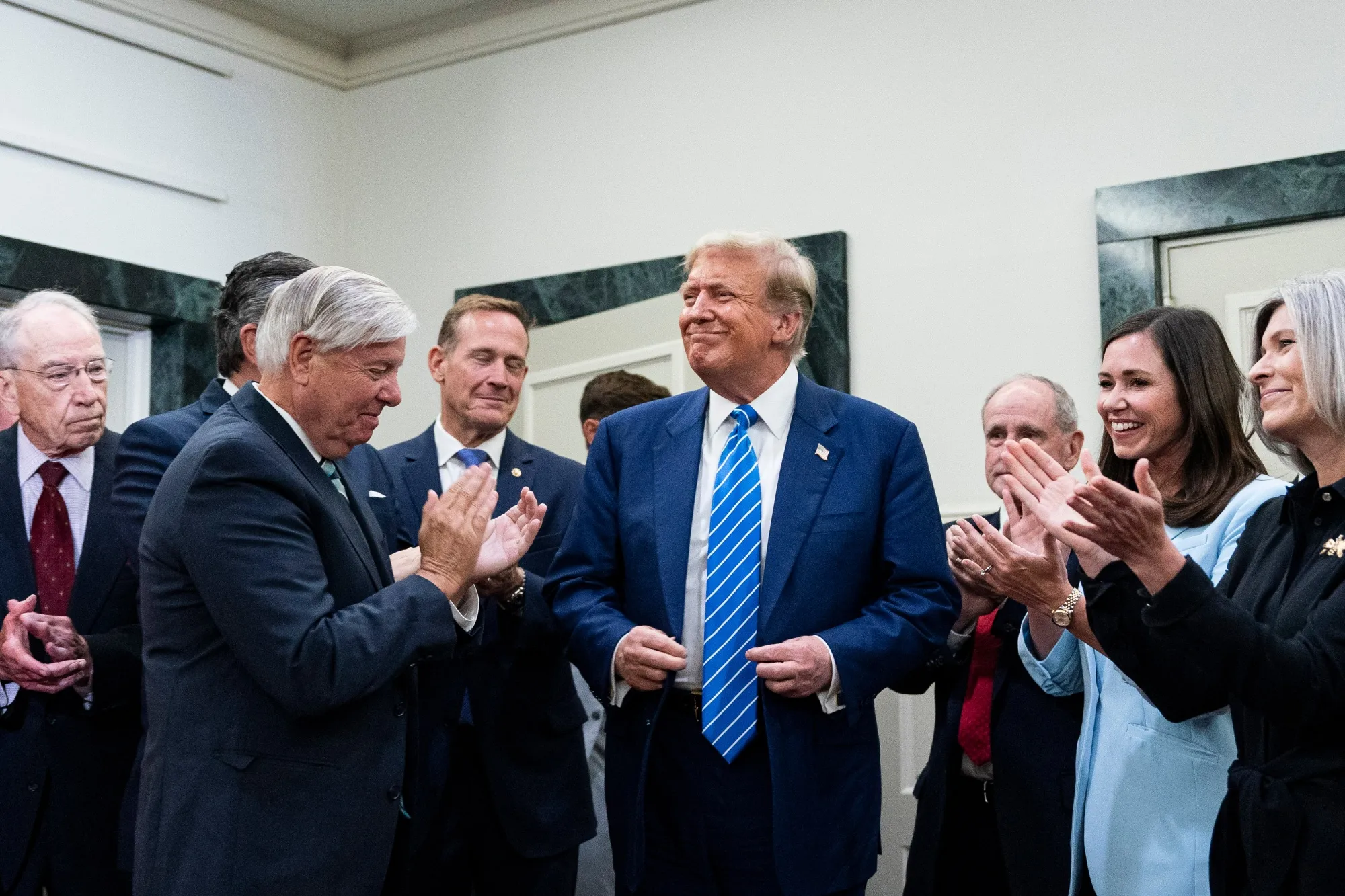 Donald Trump following a meeting with Senate Republicans at the National Republican Senatorial Committee office in Washington, DC on June 13.