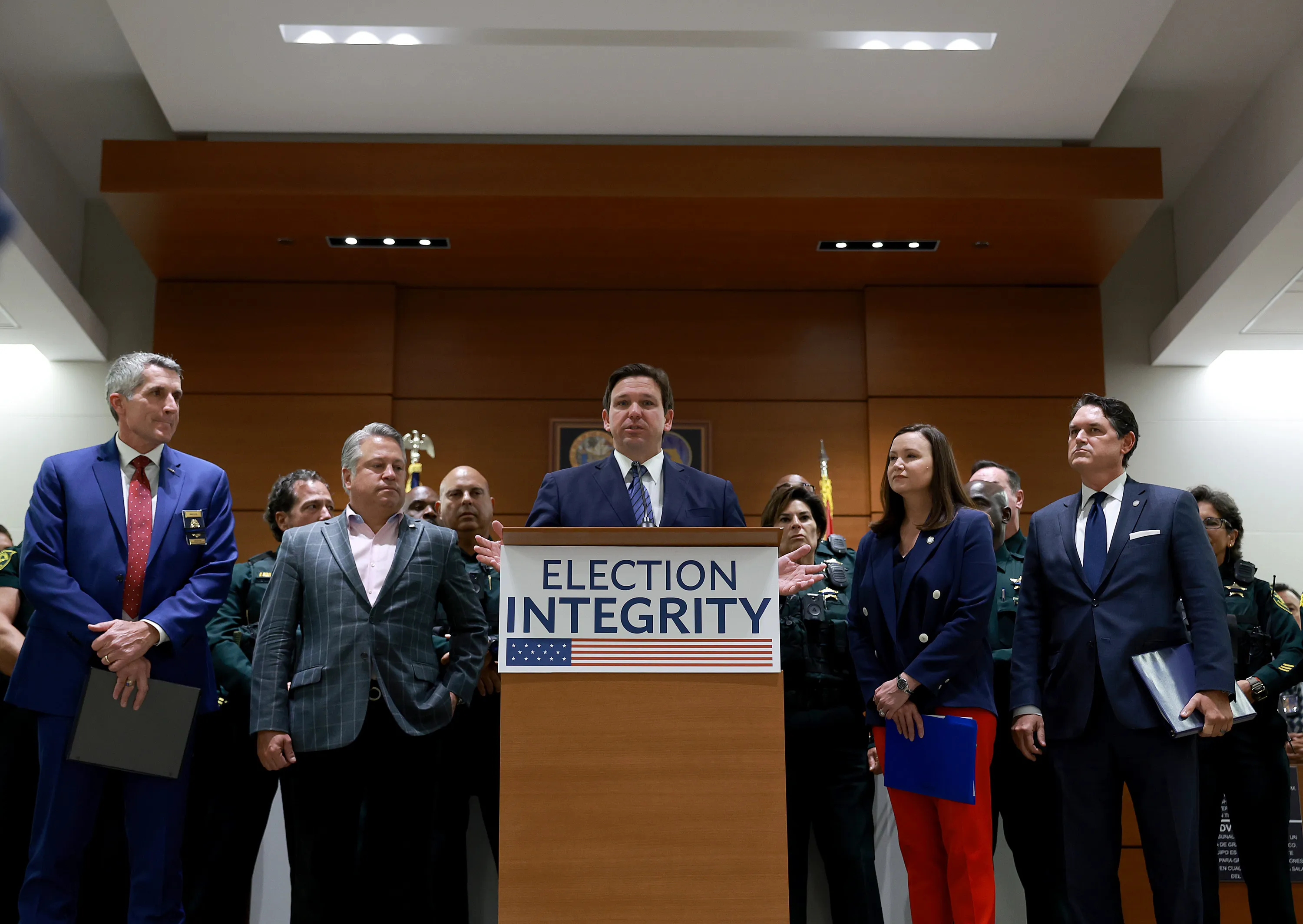 Ron DeSantis holds a press conference with Florida’s Office of Election Crimes and Security in August, 2022.