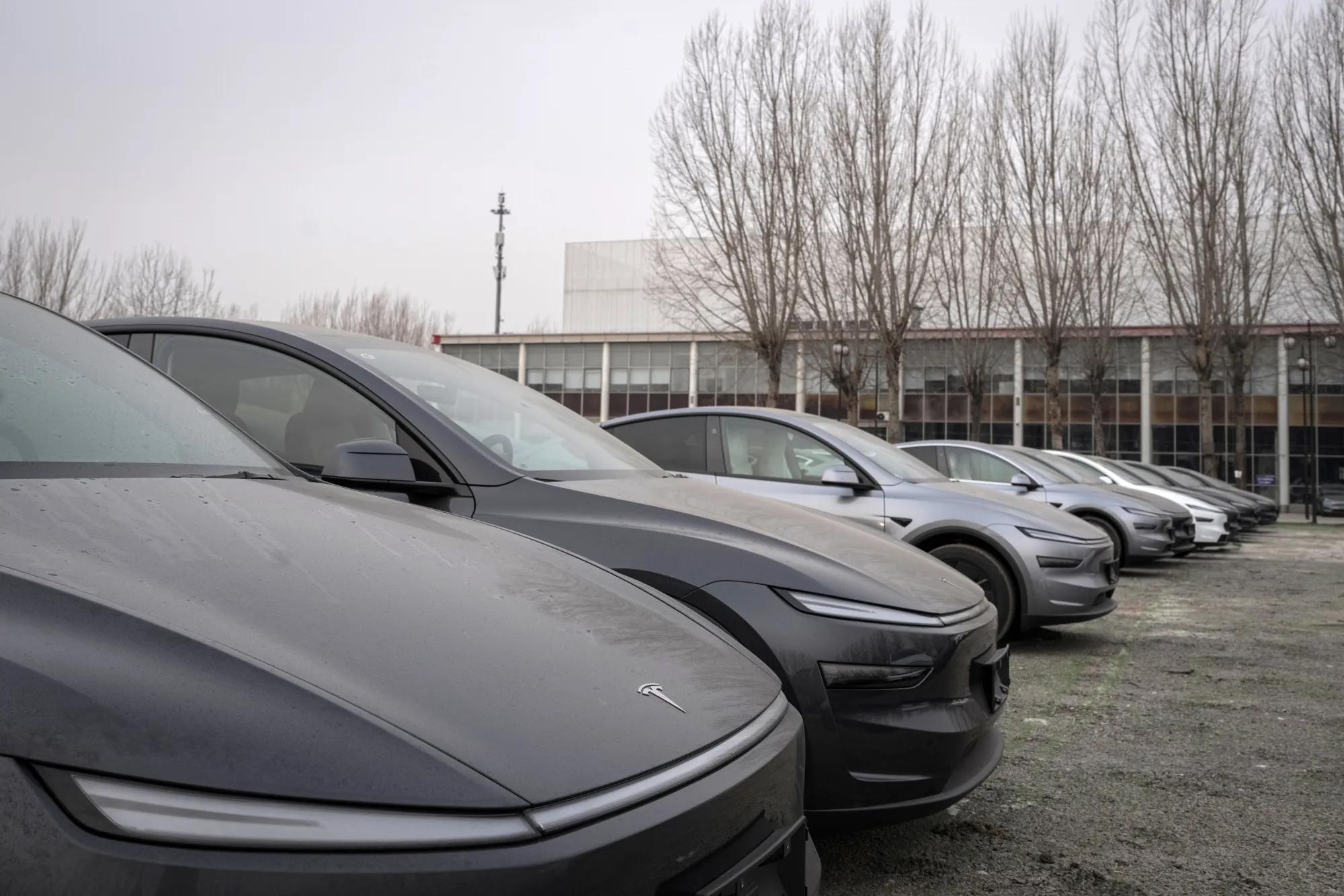 Dust-covered Tesla electric vehicles outside one of the company’s dealerships in Beijing on March 7.