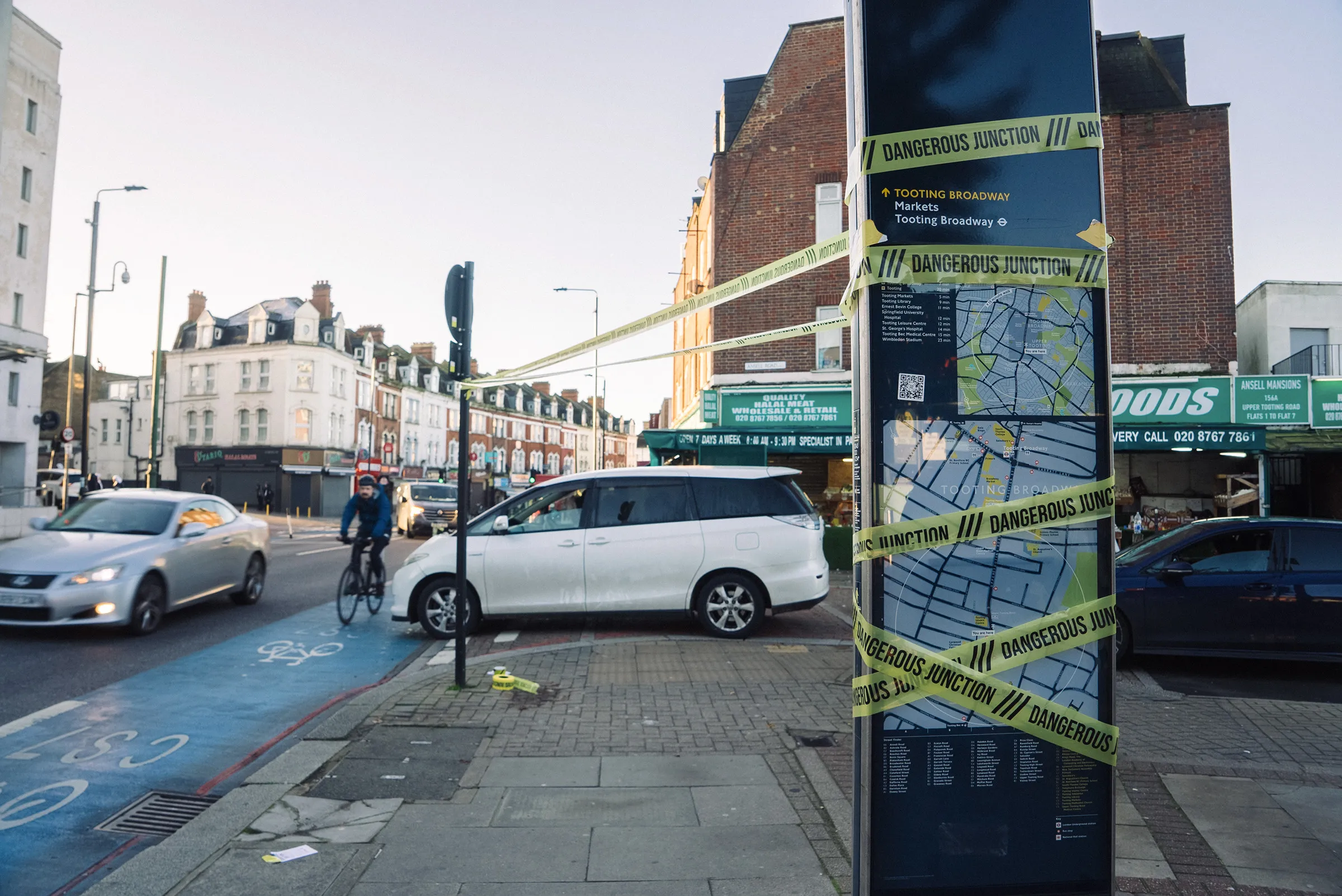 Tape reading ‘dangerous junction’&nbsp;on the Cycle SuperHighway 7 in Tooting, London.