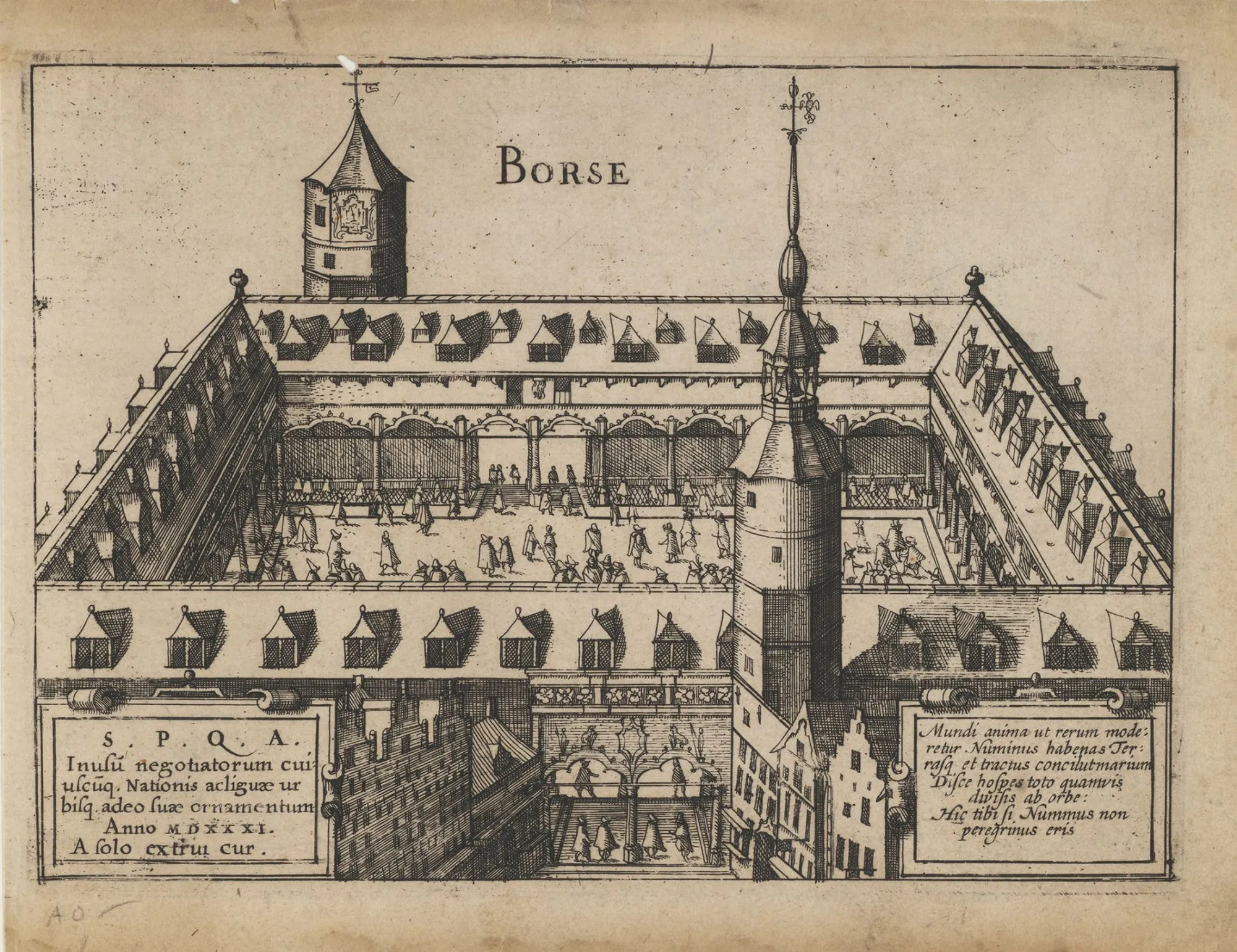 An illustration of The Old Exchange in Antwerp from the&nbsp;early 17th century.