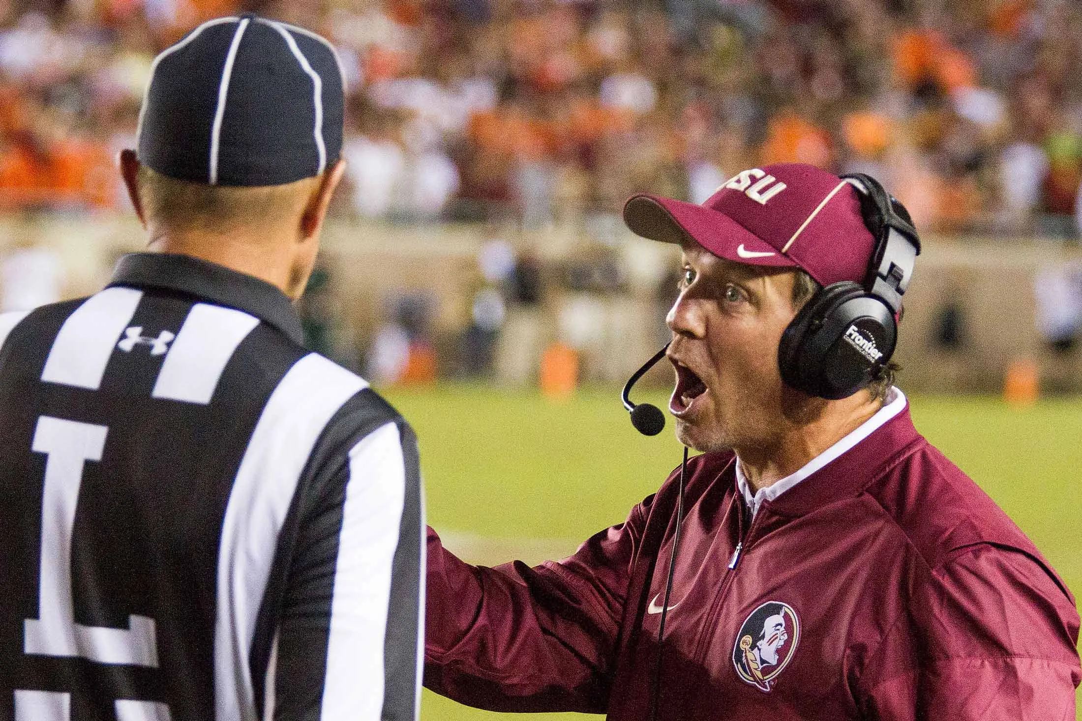 Florida State Coach Jimbo Fisher talks to a referee late in the fourth quarter of the Seminoles’ game against Clemson. &nbsp;
