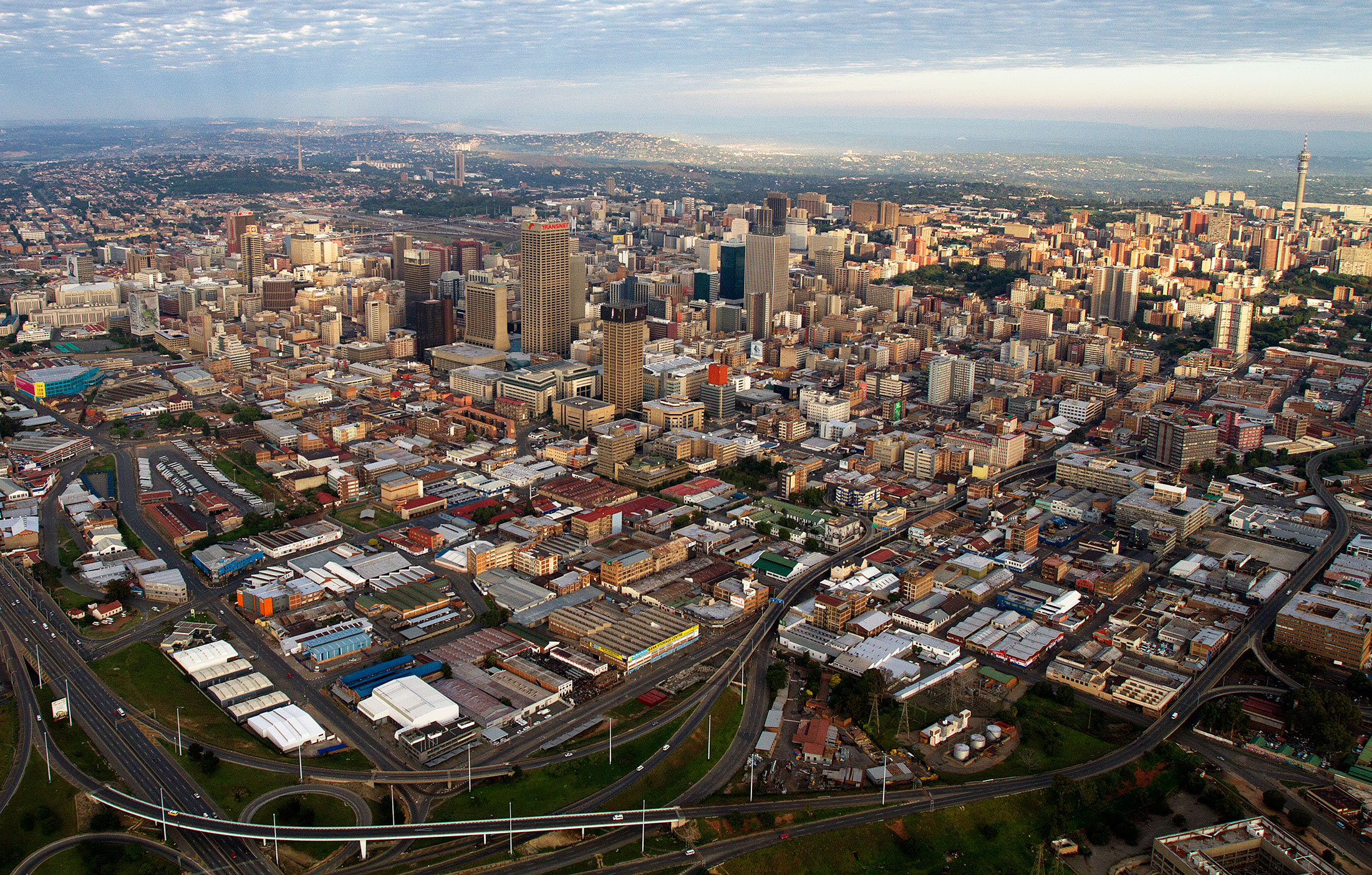 Aerial view of the city skyline in Johannesburg, South Africa.