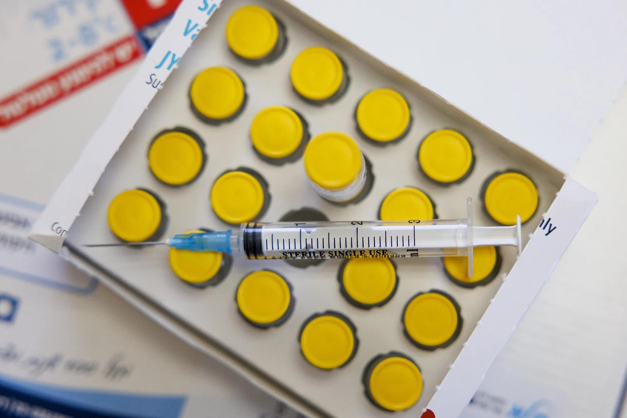 Vials of the Bavarian Nordic A/S Jynneos mpox vaccine.