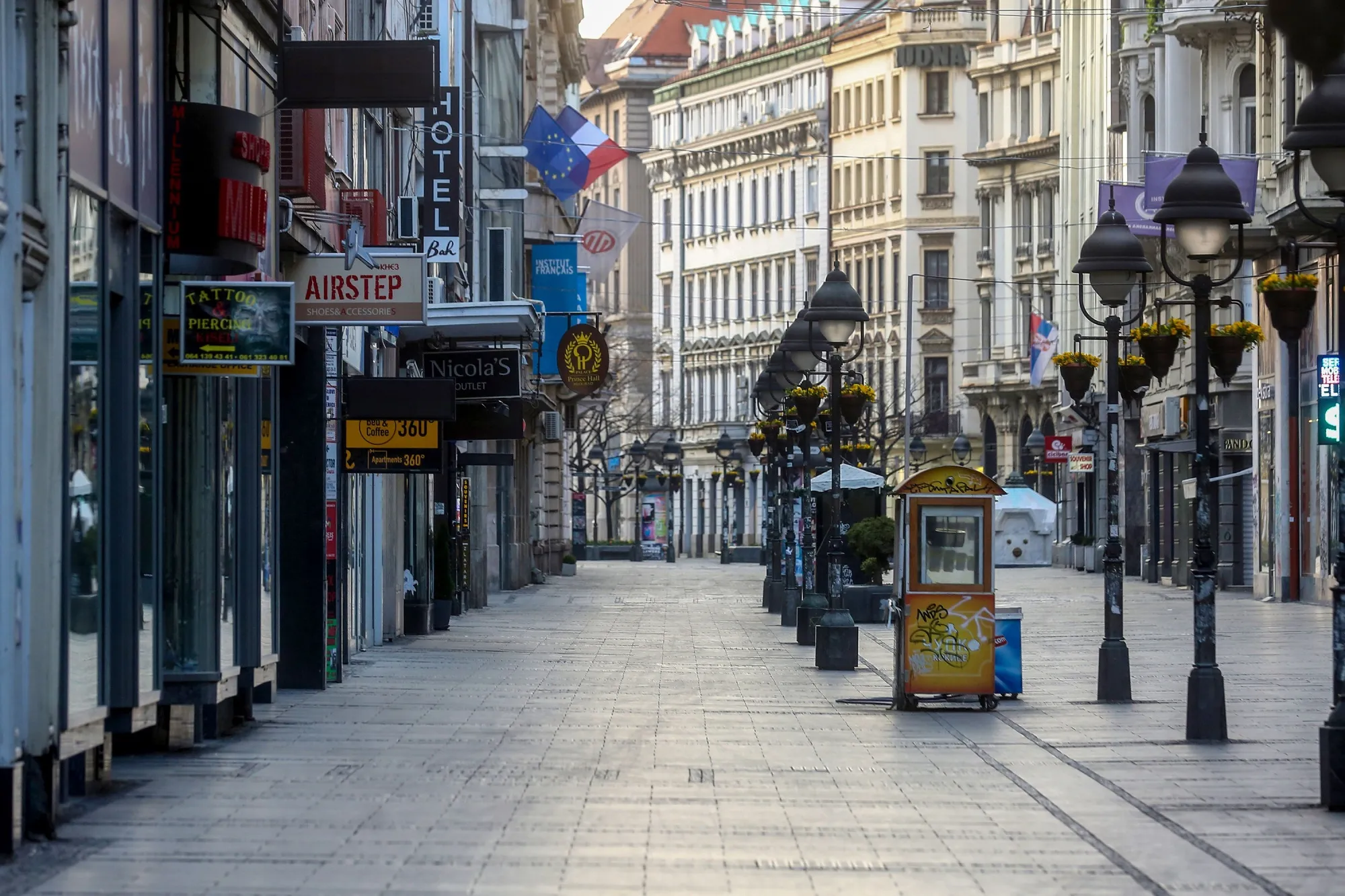 A street sits empty in Belgrade.