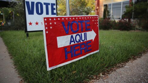 A bilingual sign stands outside a polling center ahead of local elections on April 28, 2013, in Austin, Texas.