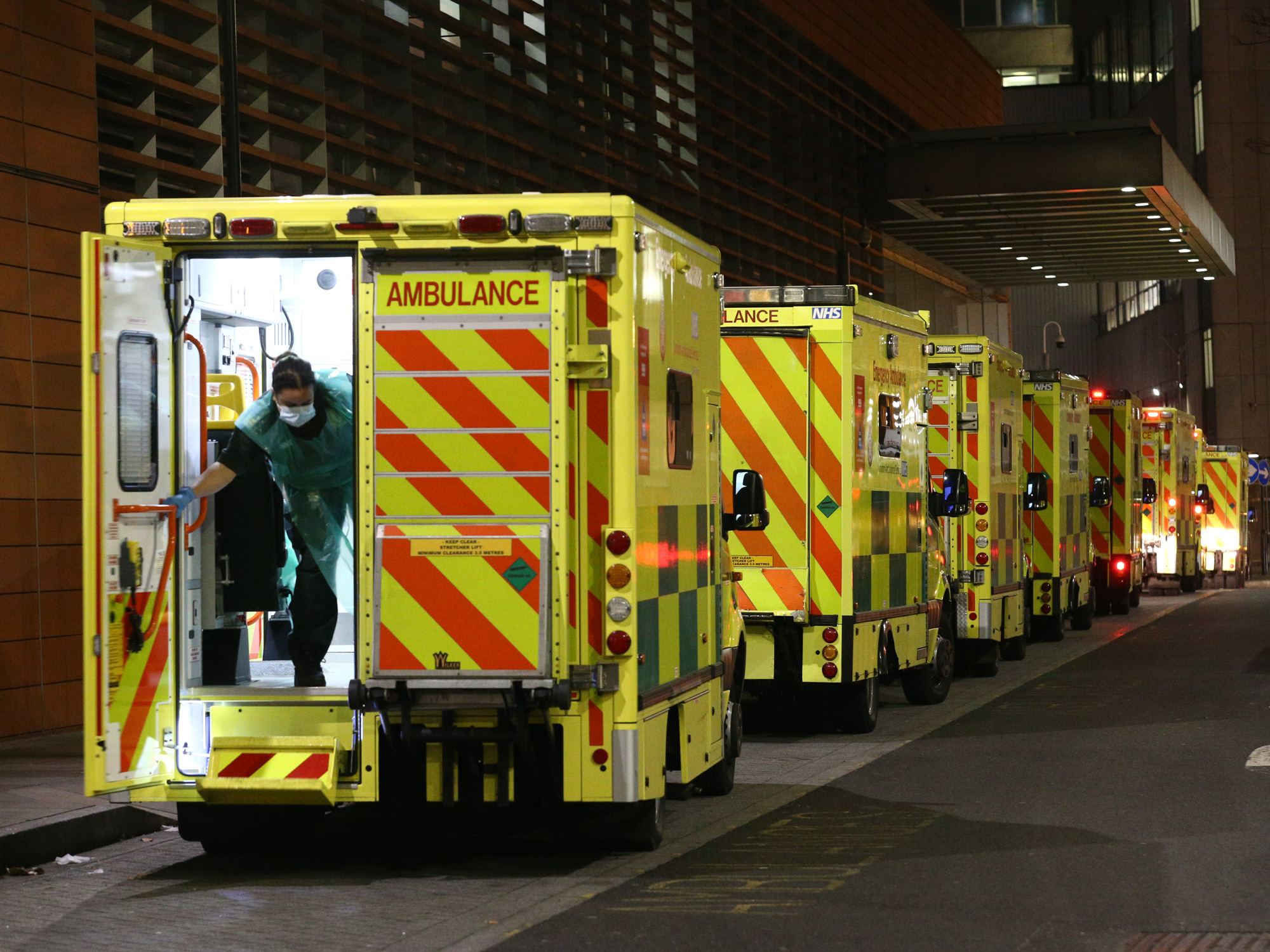 Ambulances queue outside the Royal London Hospital, on Dec. 29.
