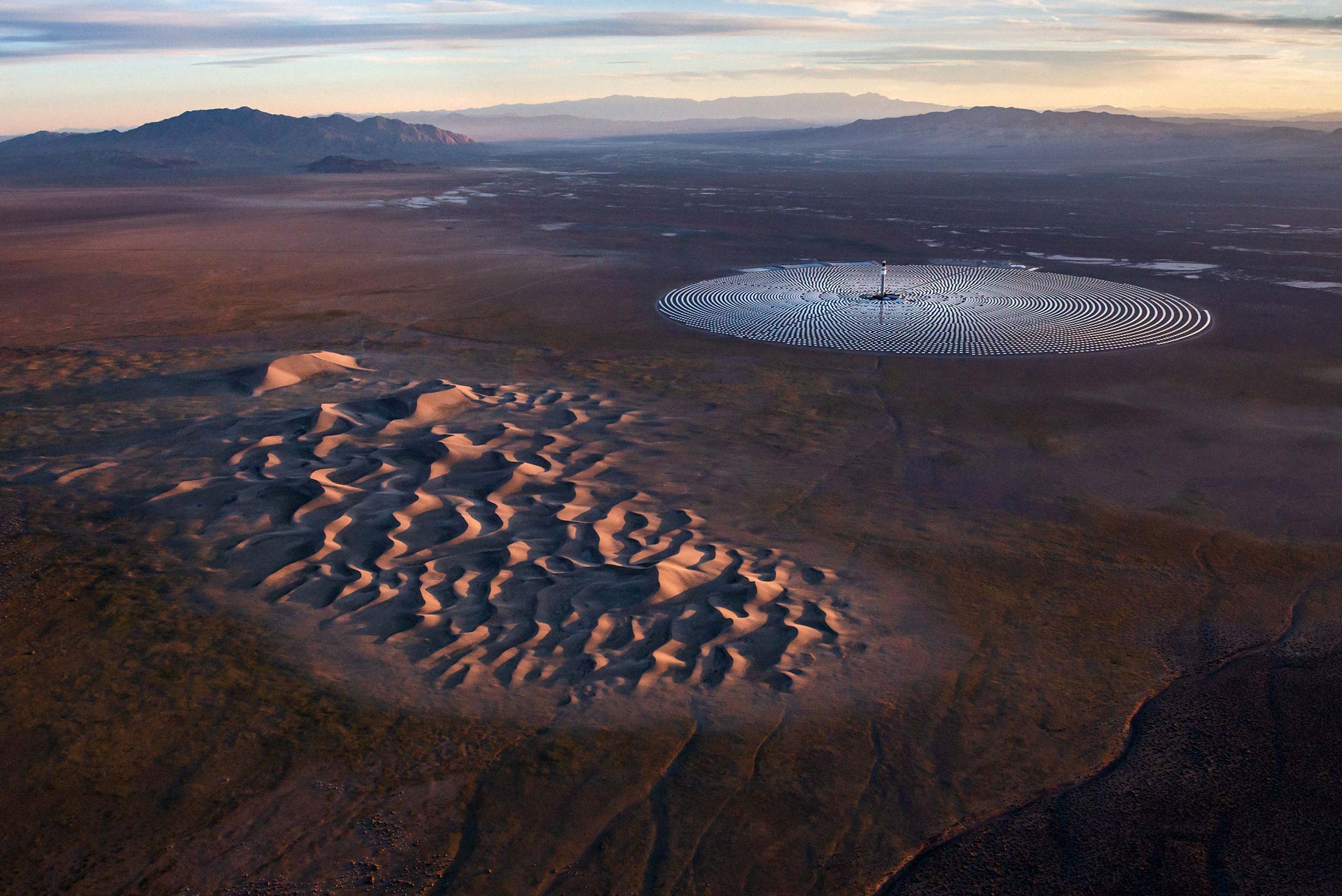 Aerial photograph of the Crescent Dunes Solar Energy Project near Tonopah, Nevada.