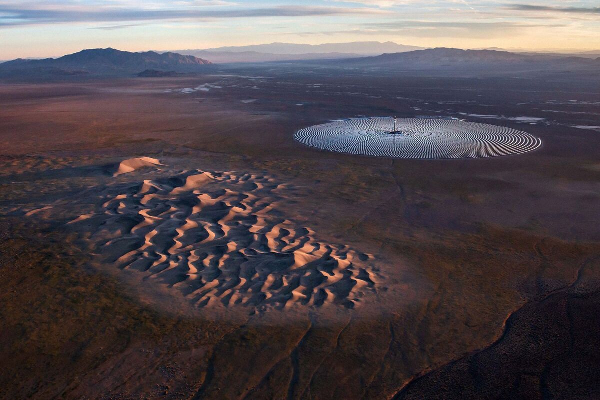 Aerial photograph of the Crescent Dunes Solar Energy Project near Tonopah, Nevada.