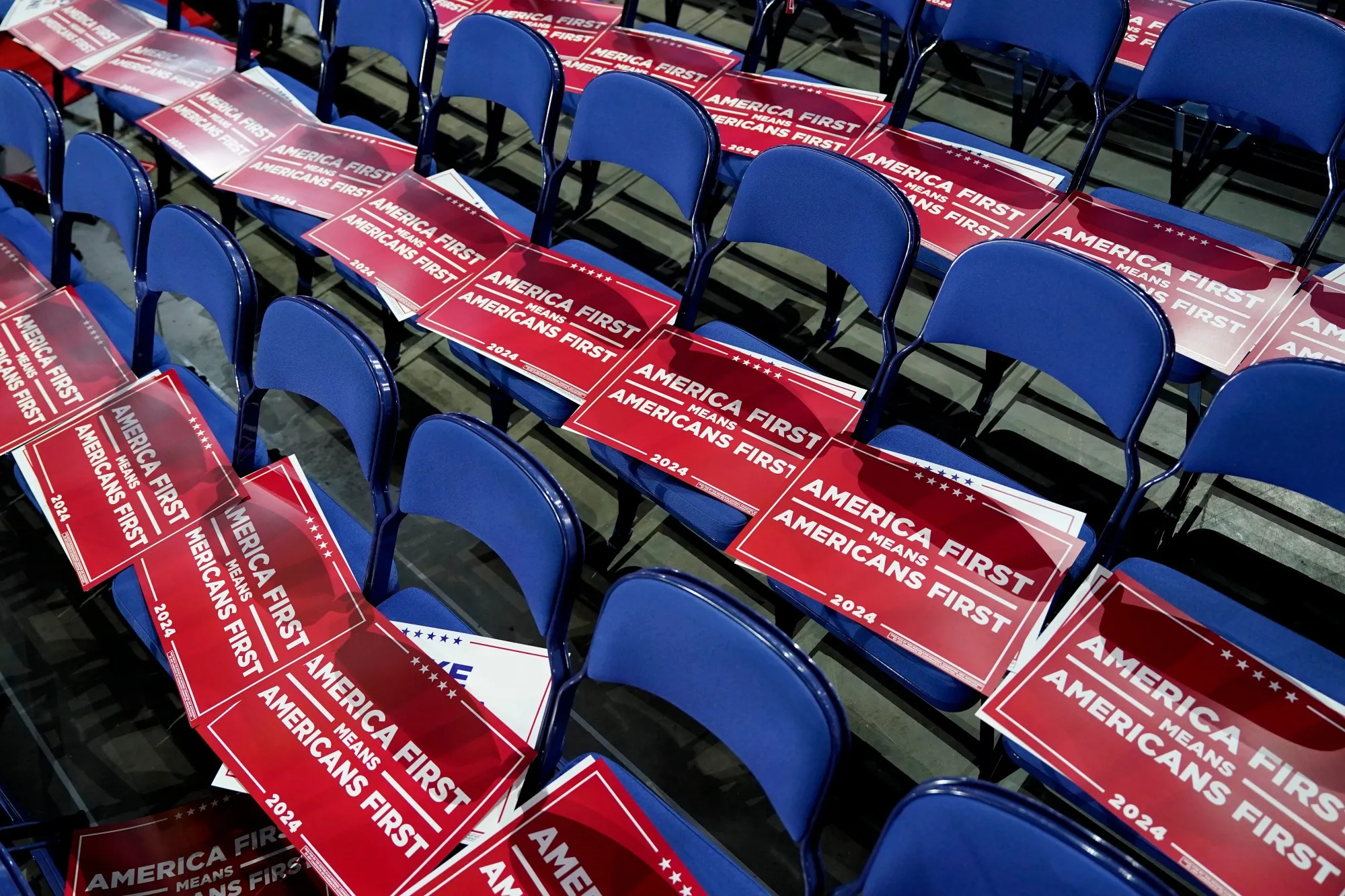 Campaign signage on chairs during the Republican National Convention (RNC)&nbsp;in Milwaukee, Wisconsin, in 2024.