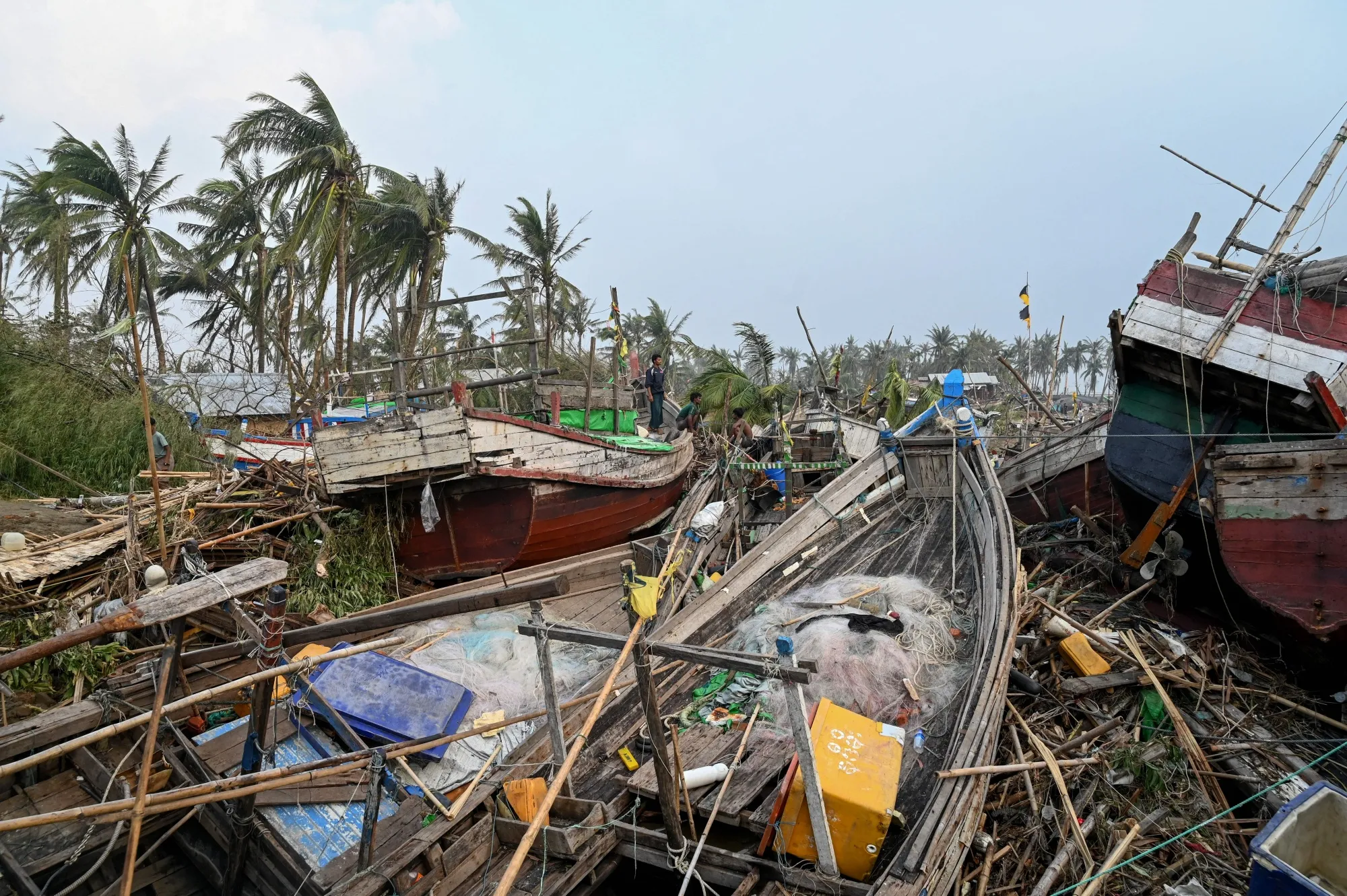 Broken boats after cyclone Mocha made a landfall in Sittwe, Myanmar's Rakhine state, on May 15.